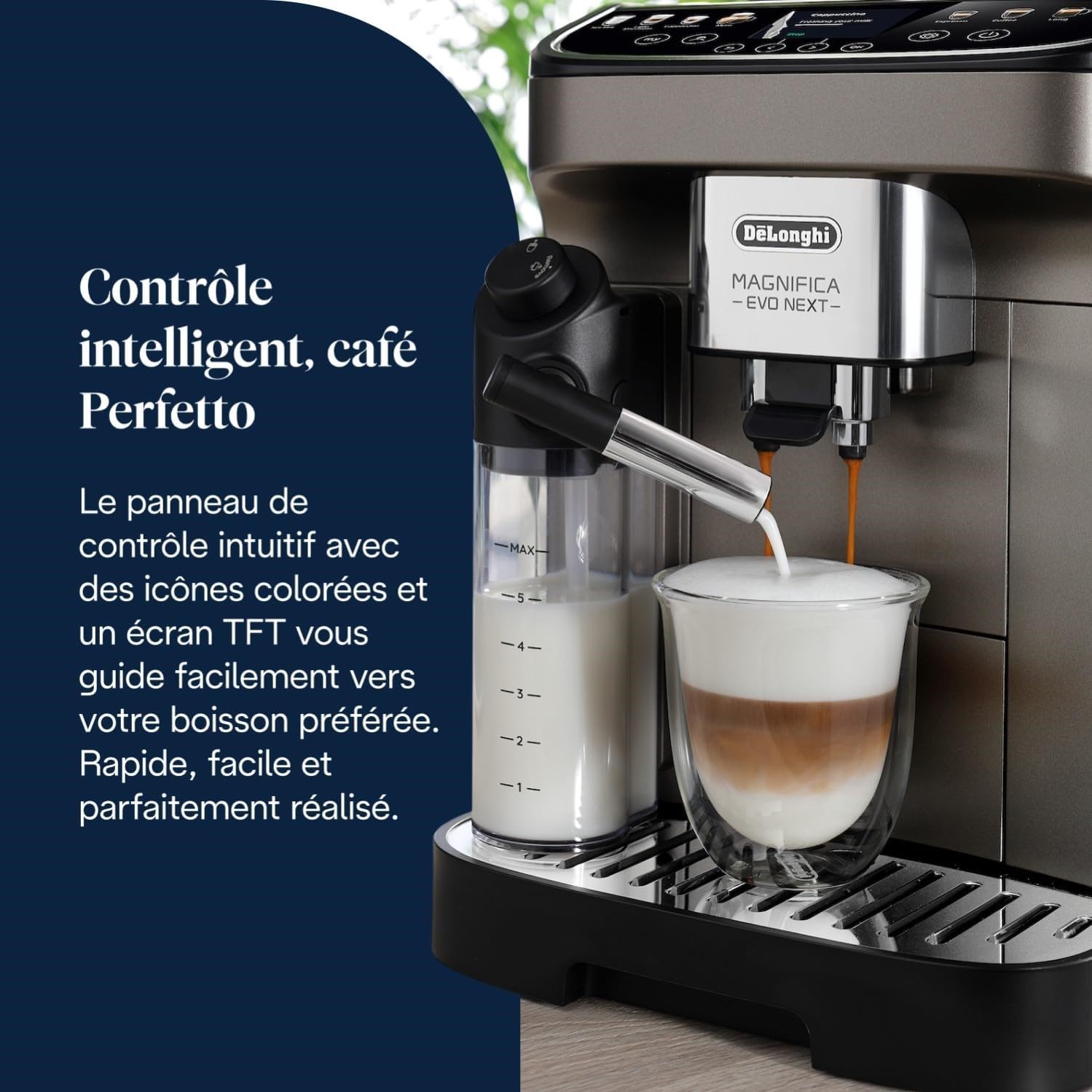 De’Longhi Magnifica Evo Next - Perfetto Machine à Café Automatique avec LatteCrema Mousseur à Lait Automatique, 13 Boissons en une Seule Touche, Écran Tactile Couleurs, Titane et Noir (ECAM312.80.TB)