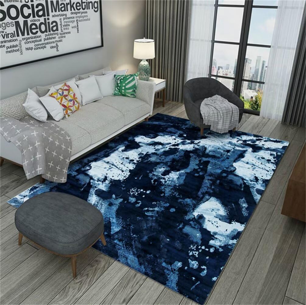 Tapis de chambre bleu 180x230cm avec motif d'éclaboussures abstrait