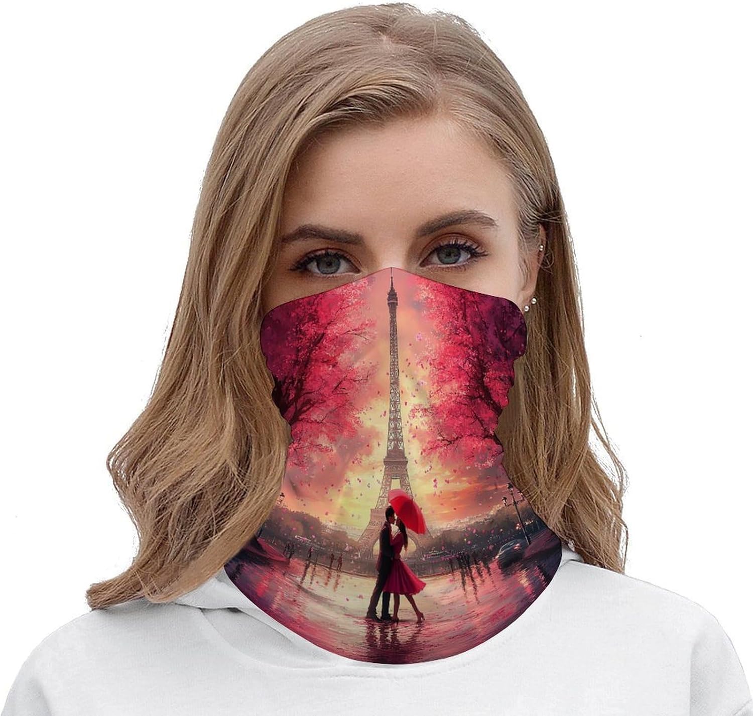 Couples Kiss in Paris Eiffel Tower Face Cover Neck Gaiters for Men Women Sun Protection Mask Scarf Hiking Bandana