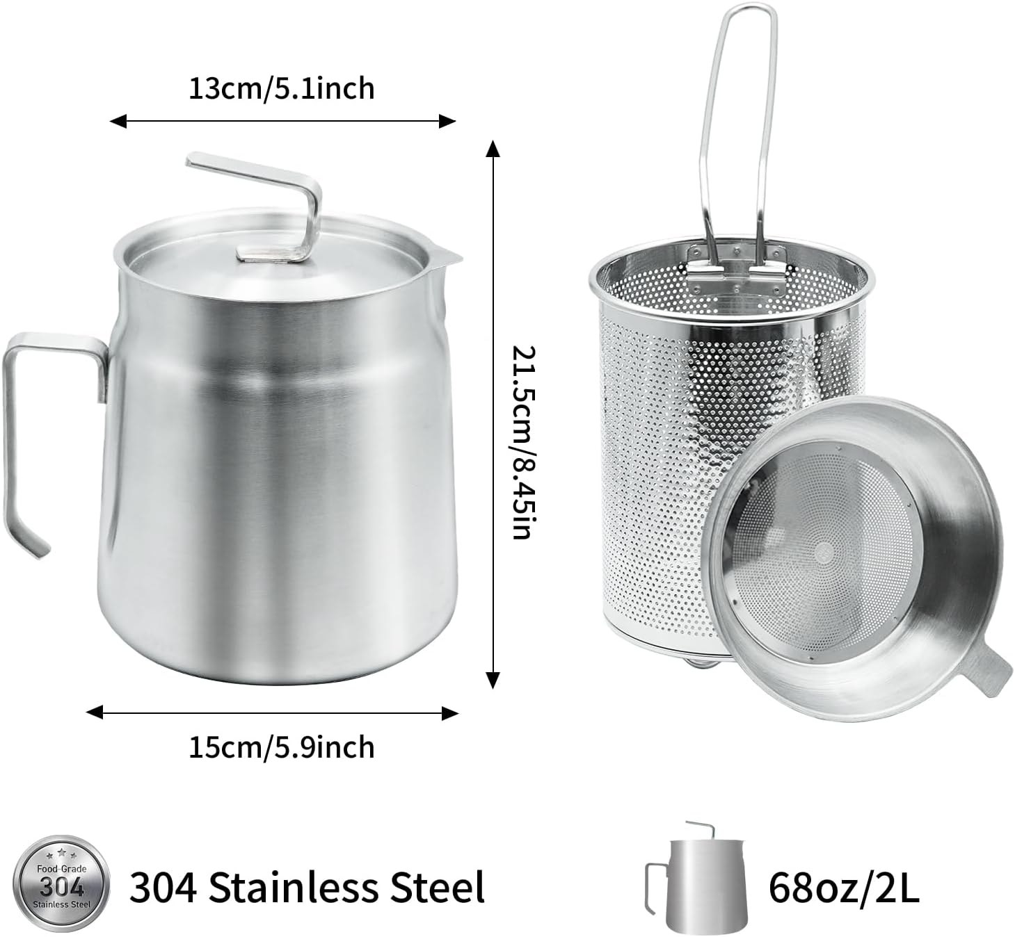 68oz Stainless Steel Oil Filter Pot with Deep Fryer Basket - Kitchen Large Capacity Versatile Oil Strainer Vessel and Bacon Grease Saver for Cooking Grease