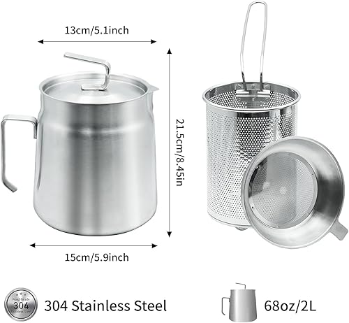Miniatura 5 de Olla de filtro de aceite de acero inoxidable de 68 onzas con cesta para freidora Cocina de gran capacidad versátil recipiente colador de aceite y