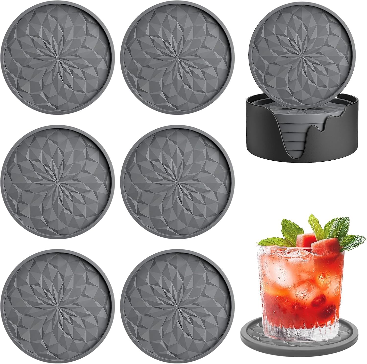 Silicone Coasters with Holder - Coasters Set of 6 Drinking Coasters Heat Resistant Non-Slip Thickened Non-Stick Dishwasher Silicone Round Mug Coasters for Coffee Table Home Decor Office Bar(Grey)