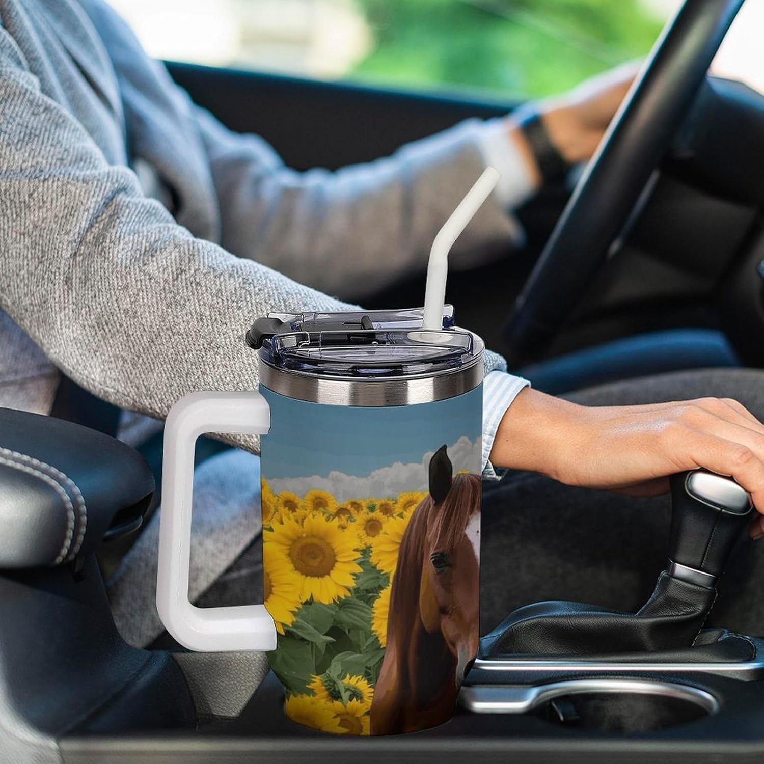 Horse And Sunflower Travel Coffee Mug Reusable Durable Stainless Steel Insulated Tumbler with Handle And Straw Leak Resistant Portable Thermal Cup Gifts for Men Women 40 Oz