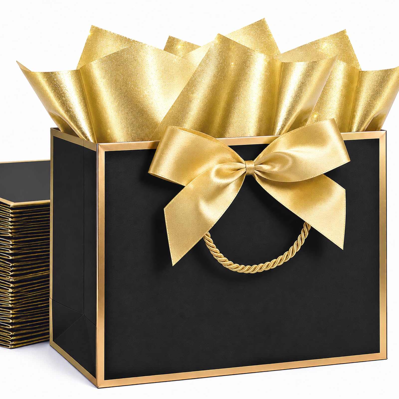 OfficeCastle 4 Pack Black Gift Bags, Gift Bags with Tissue Paper, 11x4x8 Inches, Paper Bags for Small Business, Bridal Showers, Wedding, Christmas