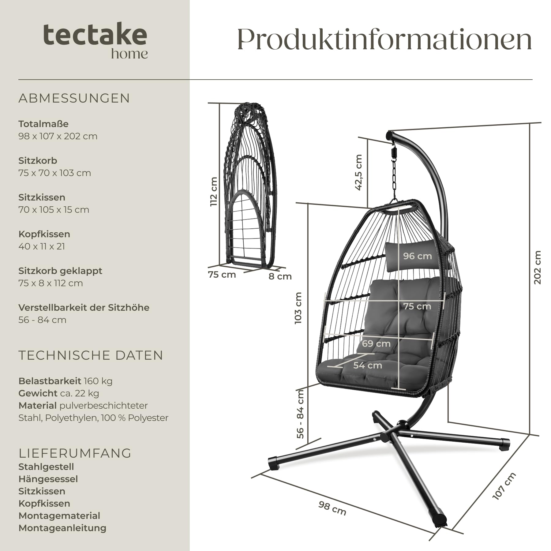 tectake® Hängesessel mit Gestell, Dicke Kissen, Möbel, Deko für Wohnzimmer, Jugendzimmer, Balkon, Outdoor oder Indoor Schaukel Sessel, Kinder & Erwachsene, belastbar bis 160kg - dunkelgrau