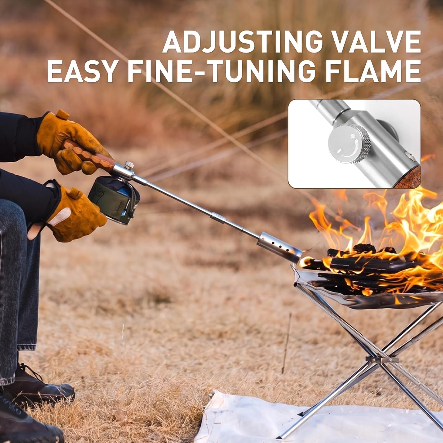 Propane Torch Gun,Flame Thrower, Adjustable Flame Flamethrower Ergonomic Anti-Slip Wooden Handle for BBQ Grill Charcoal Fire Pit, Weed Burner Camping Outdoor Cooking(Propane Tank Not Included)