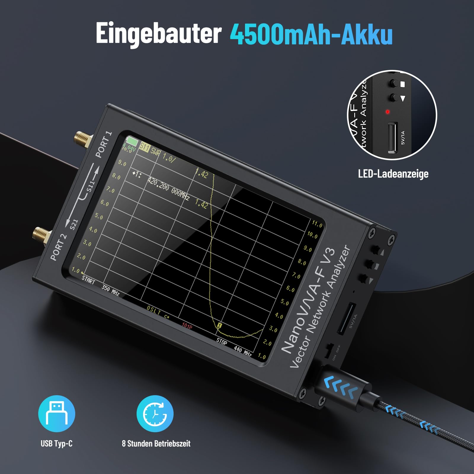 Seesii NanoVNA-F V3 Antennenanalysator, Aufgerüsteter Vektor-Netzwerk-Analysator 1MHz-6GHz 4,3 Zoll HF VHF UHF VNA Für S-Parameter Spannung SWR Phase Delay, Smith Chart