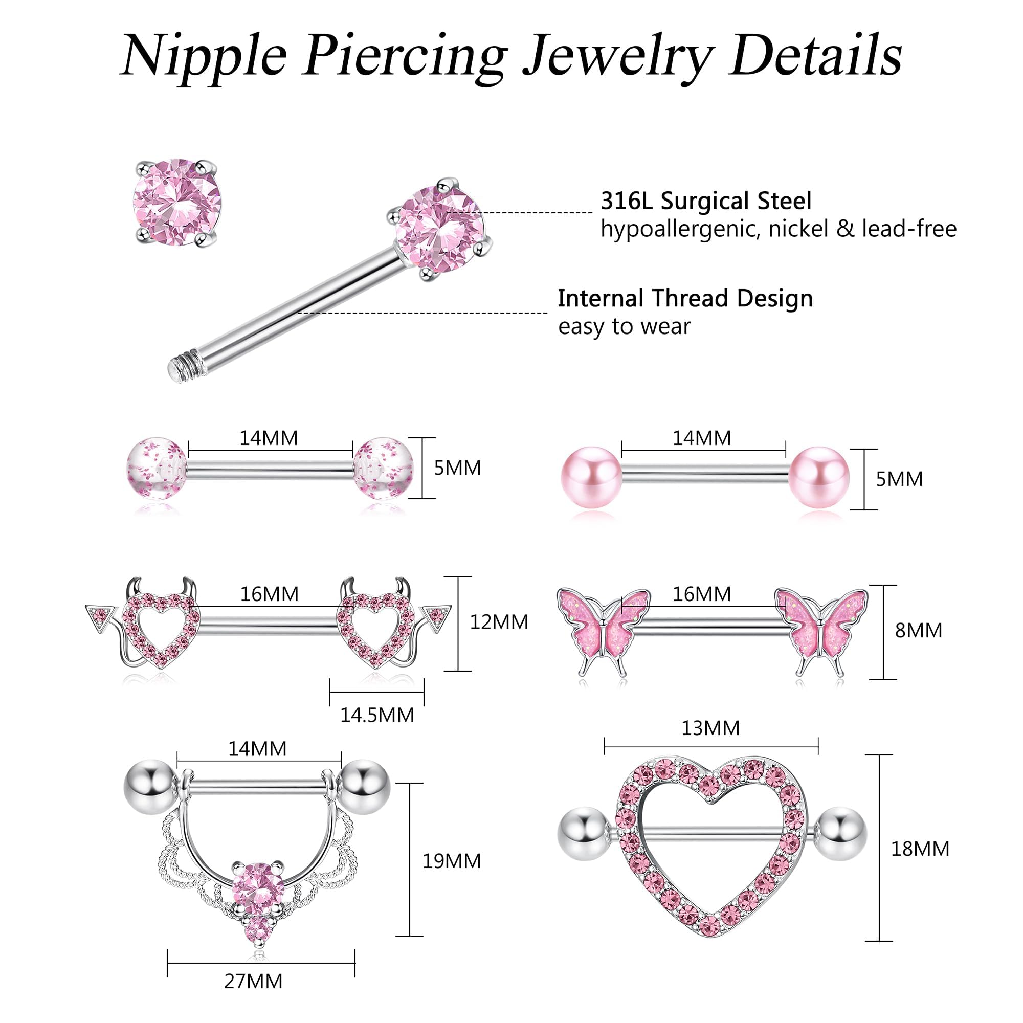 Fansilver 7 Pairs 14G Nipple Rings Surgical Steel Nipple Piercing CZ Heart Butterfly Barbell Tongue Rings Set Cute Nipple Tongue Piercing Jewelry for Women: A. Pink 14G Nipple Rings