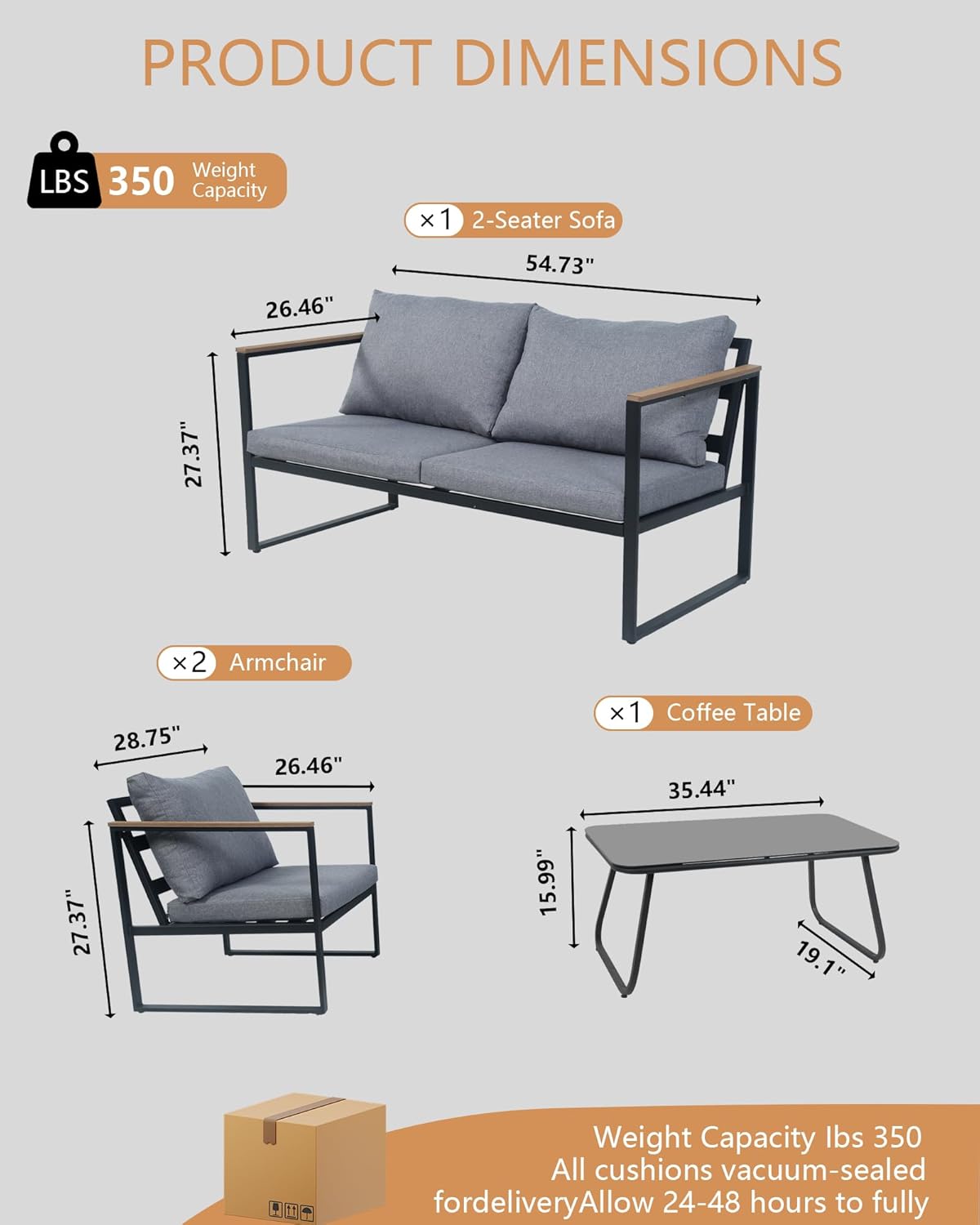 4 Piece Patio Furniture Set,Metal Outdoor Furniture Couch with Clear Tempered Glass Coffee Table,All Weather Patio Conversation Sets with Loveseat & Grey Washable Cushions for Balcony,Porch