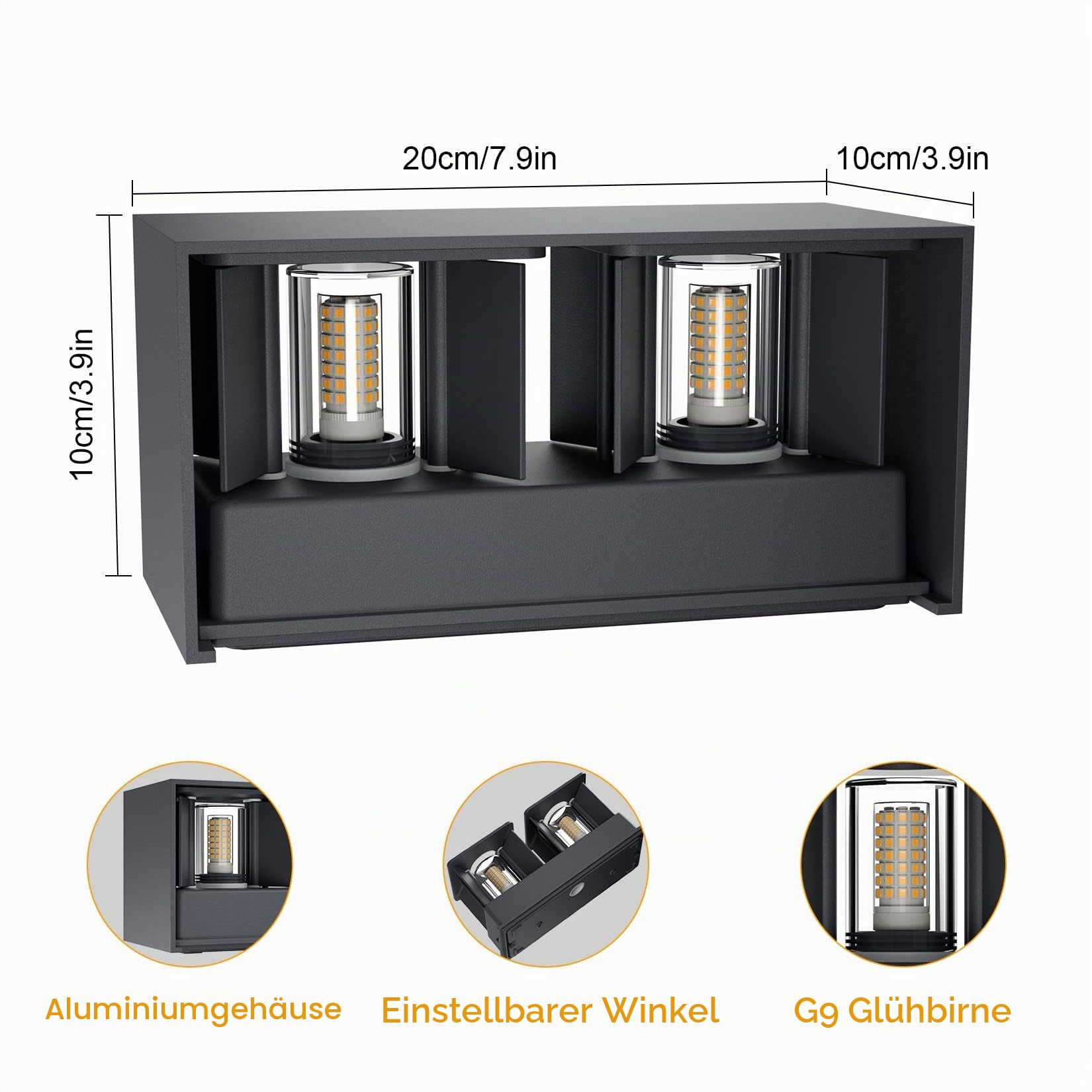 Klighten 2PCS Aussenlampe mit Austauschbarer G9 LED Lampe Warmweiß 3000K, Aluminium LED Wandleuchte Innen/Aussen Einstellbar Abstrahlwinkel aussenbeleuchtung für Wohnzimmer Garten, Anthrazit