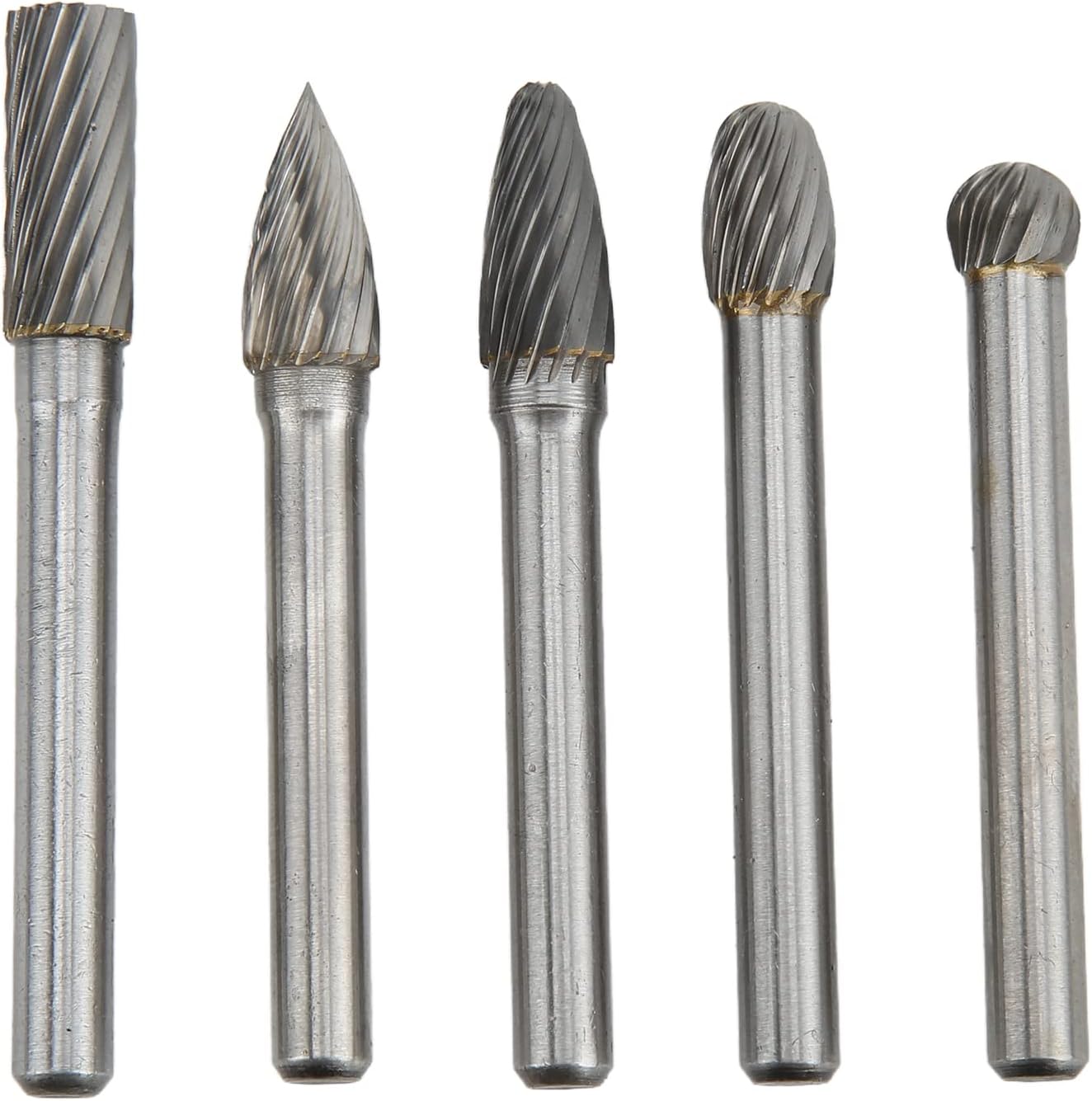 Aramox 5PCS Single Cut Rotary Burr File Set Cutting Burr Set Tungsten Carbide 6mm 1/4in Shank for Polishing Grinding Woodworking Carving(ADEFG)