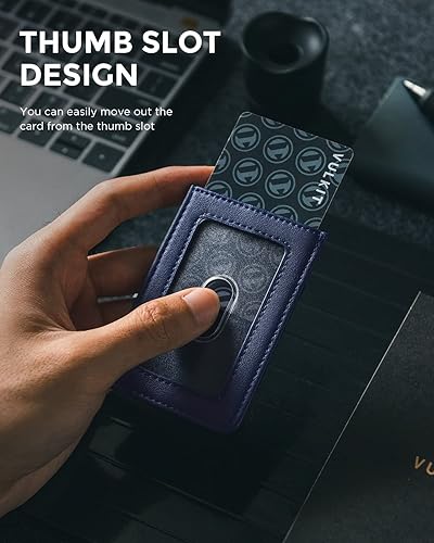 Miniatura 10 de VULKIT Soporte para tarjetas de identificación con cordón para mujeres y hombres, soporte vertical de cuero con ranura transparente para tarjetas de