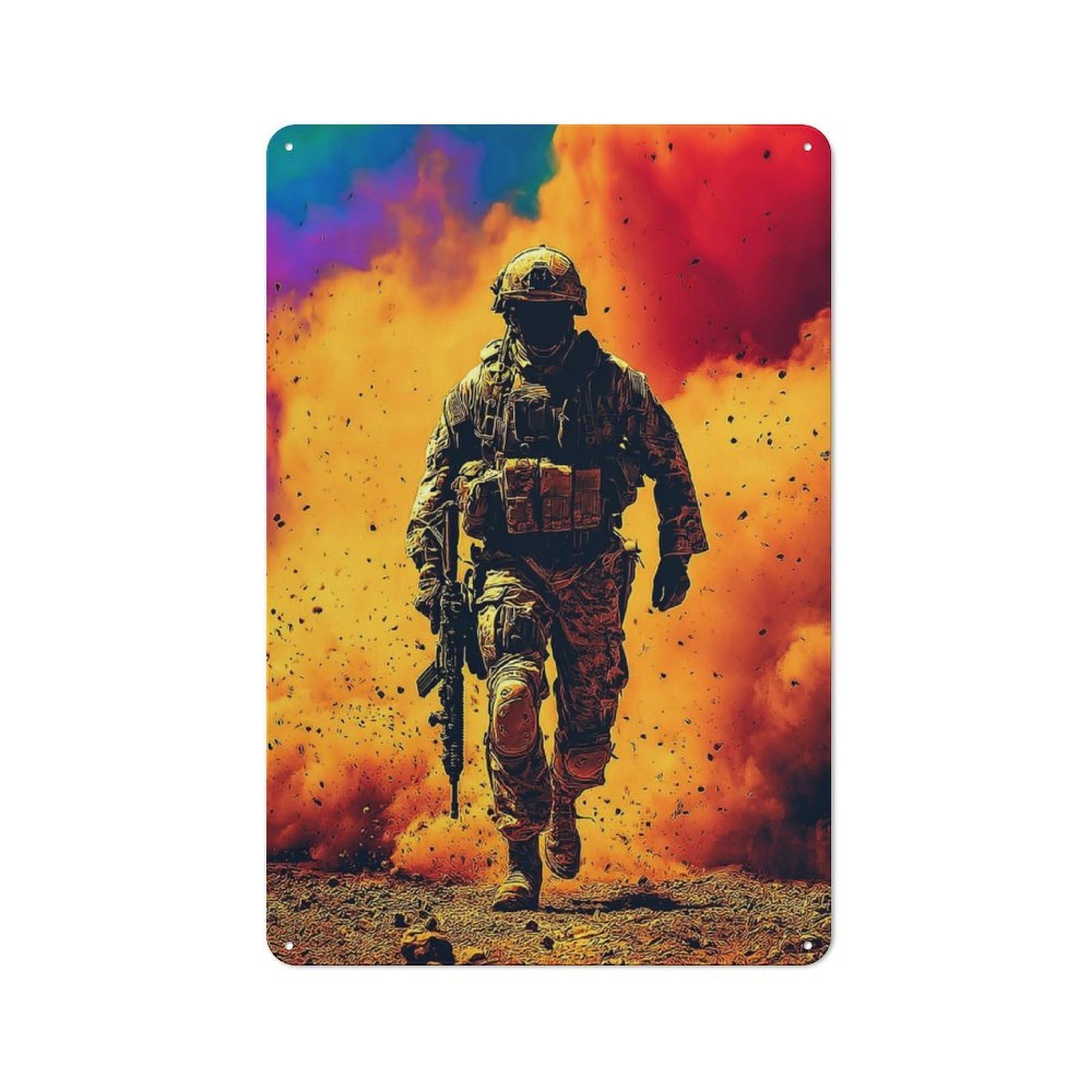 Junmoney Soldier In Action Amidst Explosions -1 Retro Tin Wall Plaque 30X20cm For Garage Or Workshop, A Metal Wall Feature For Garages And Tool Rooms