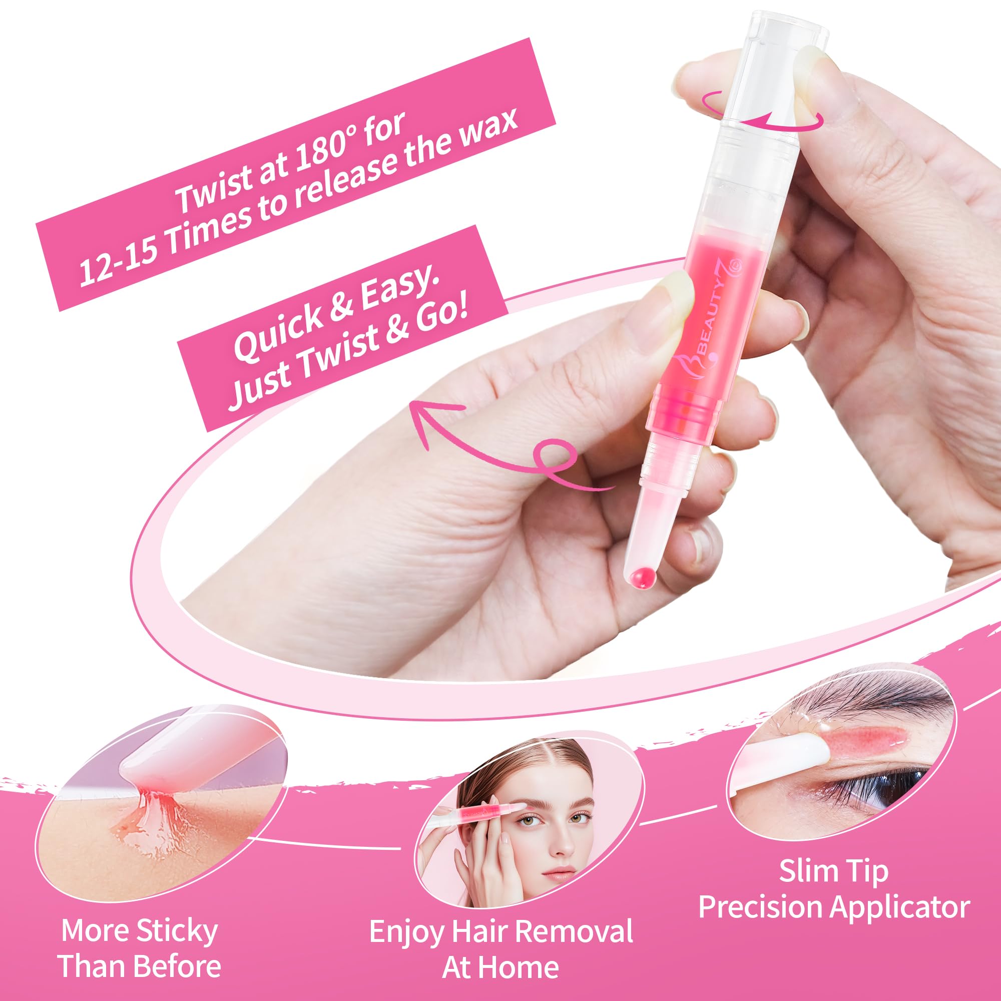 Beauty7 Stylo à Cire Précision Wand Formule Naturelle Végétalienne Epilateur pour Visage 5g Crayon à Cire 20 Bandes de Coton Réutilisables 15pcs Lingettes Après Epilation