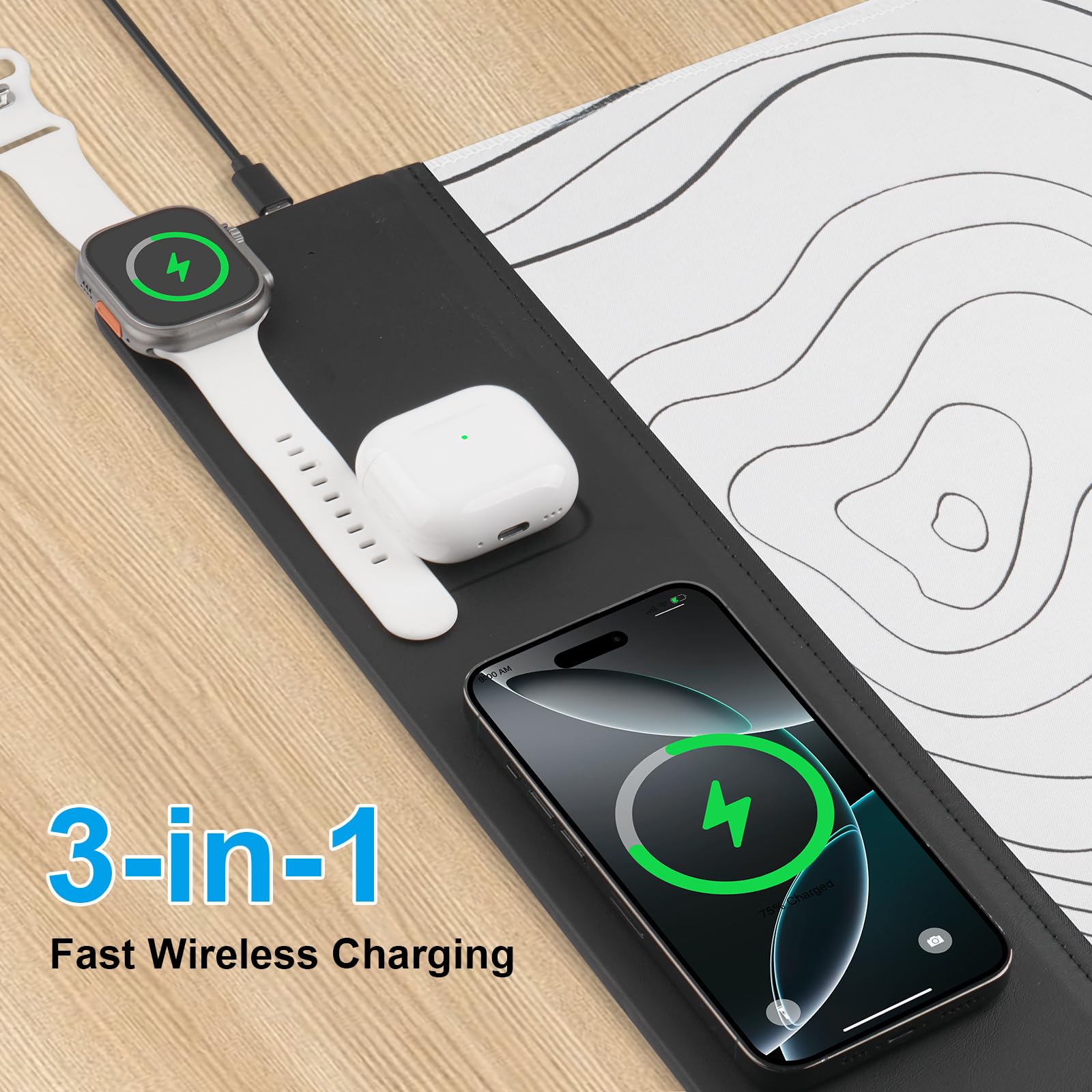 VOVIPO Tappetino per Mouse con Ricarica Wireless 3 in 1, Sottomano da Scrivania con Caricabatterie Wireless Compatibile con Più Dispositivi con Orologio/iPhone, Grande Sottomano da Scrivania