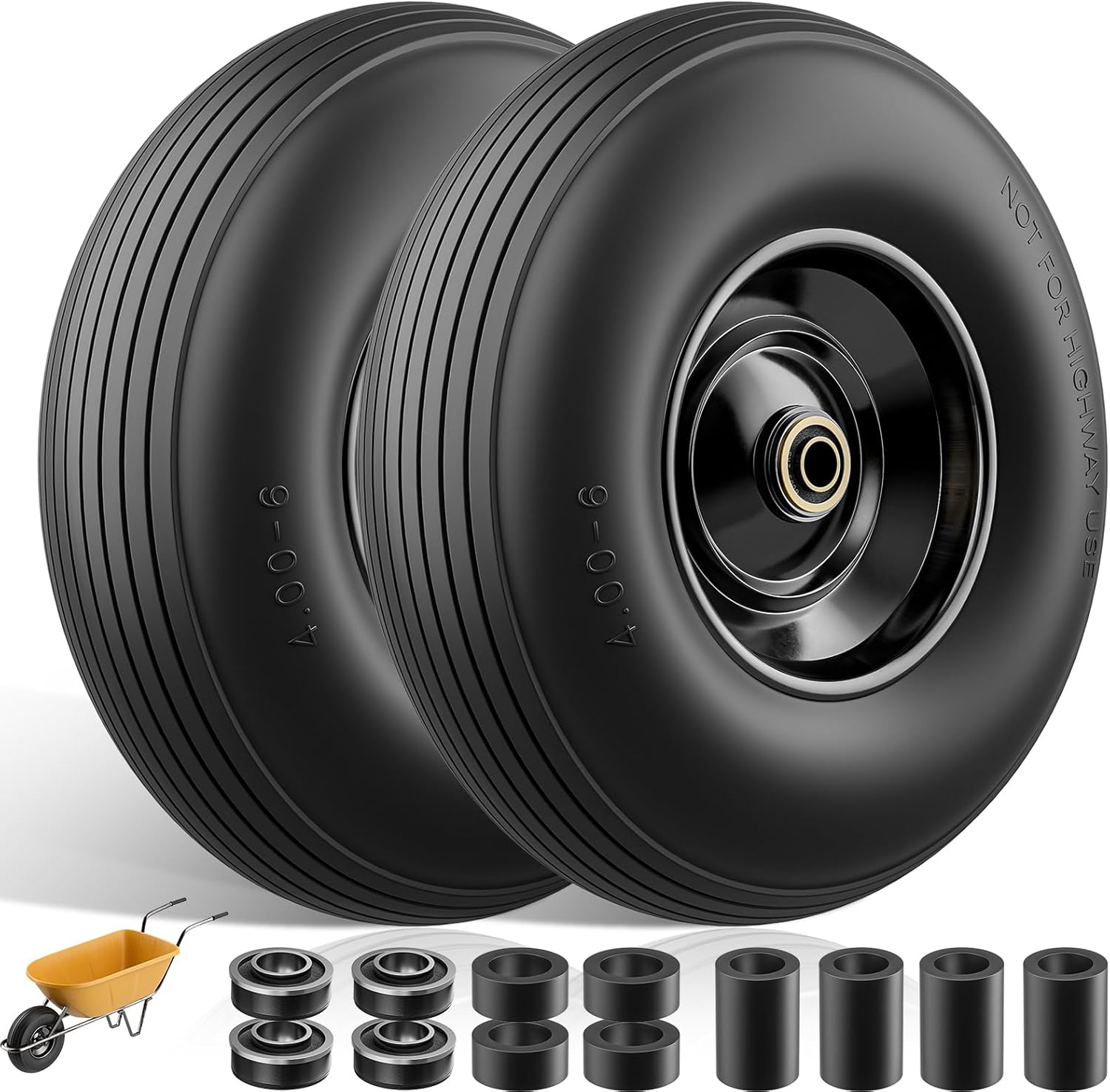 Wheelbarrow Wheel 4.00-6 tire 13"Flat Free Wheelbarrow Tires, Solid Wheel barrow Wheels and tires Replacement 5/8"3/4" Bearings, 1.75" Center Hub - Fits Garden Cart, Dolly, Hand Truck, Trailer, 2Pcs