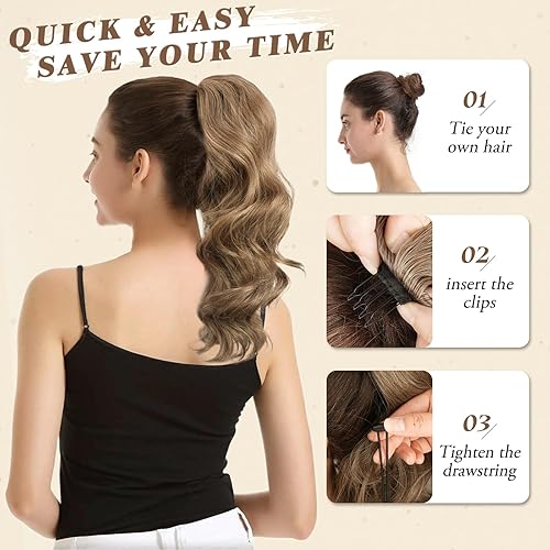 Miniatura 3 de BARSDAR Cola de caballo corta ondulada con cordón, extensiones de cabello sintético de 16 pulgadas con clip, mezcla de marrón ceniza