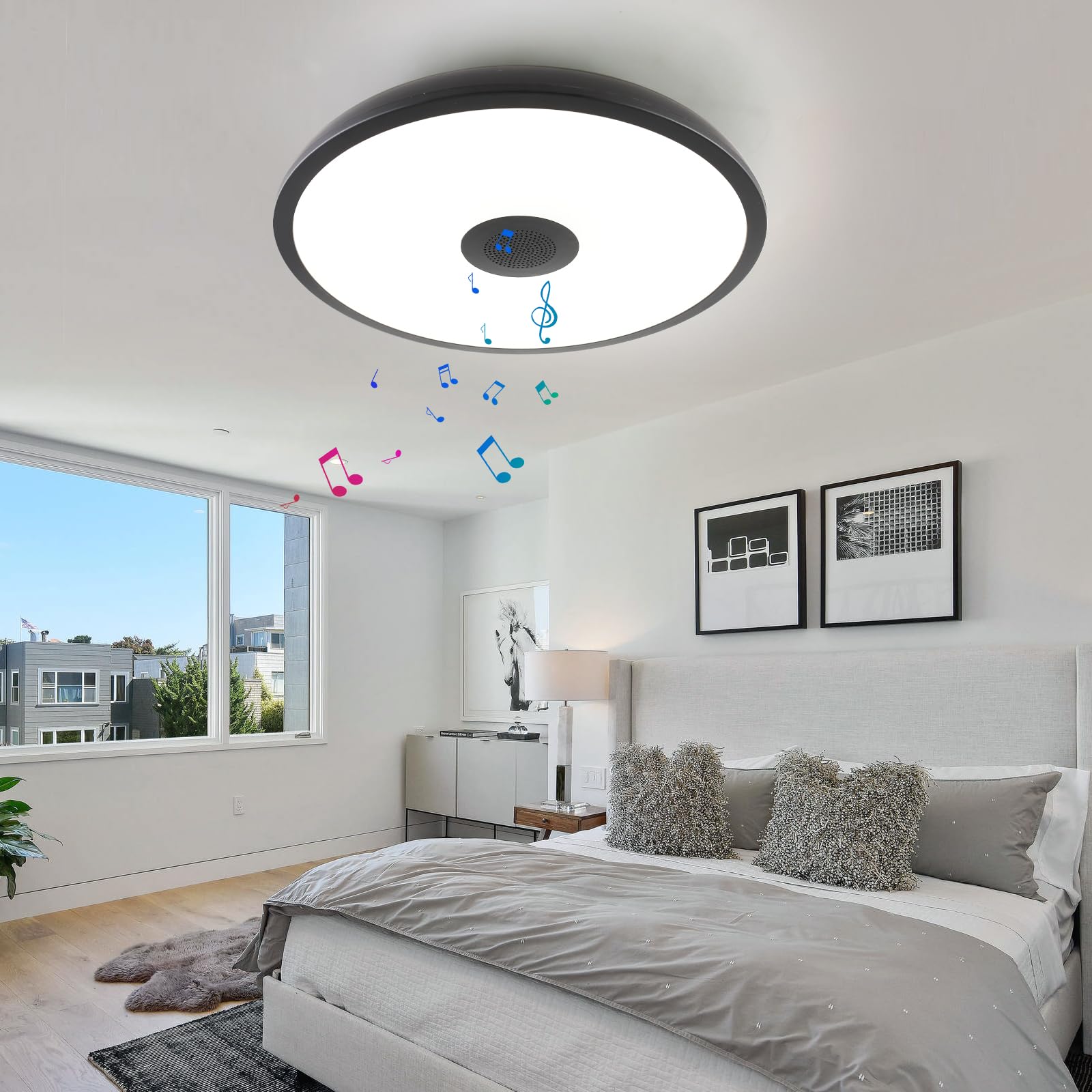 LED-Deckenleuchte Bad mit Fernbedienung, IP65 Ø 28cm dimmbares Licht mit Bluetooth-Lautsprecher, Wasserdichte Badezimmerlampe mit E27-Schraubadapter, Schwarze Deckenleuchte für Küche Flur Balkon