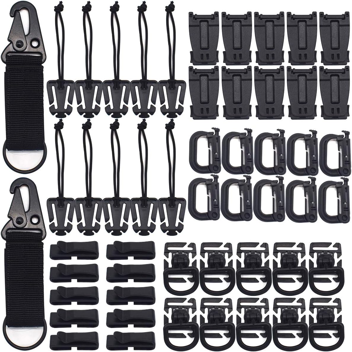 Tactical Attachments Set,RoadLoo 52 Pack Multipurpose Tactical Gear Carabiner Clip D-Ring Locking Water Tube Clip Web Dominator Buckle with Elastic String Molle Key Ring for Tactical Bags Backpack