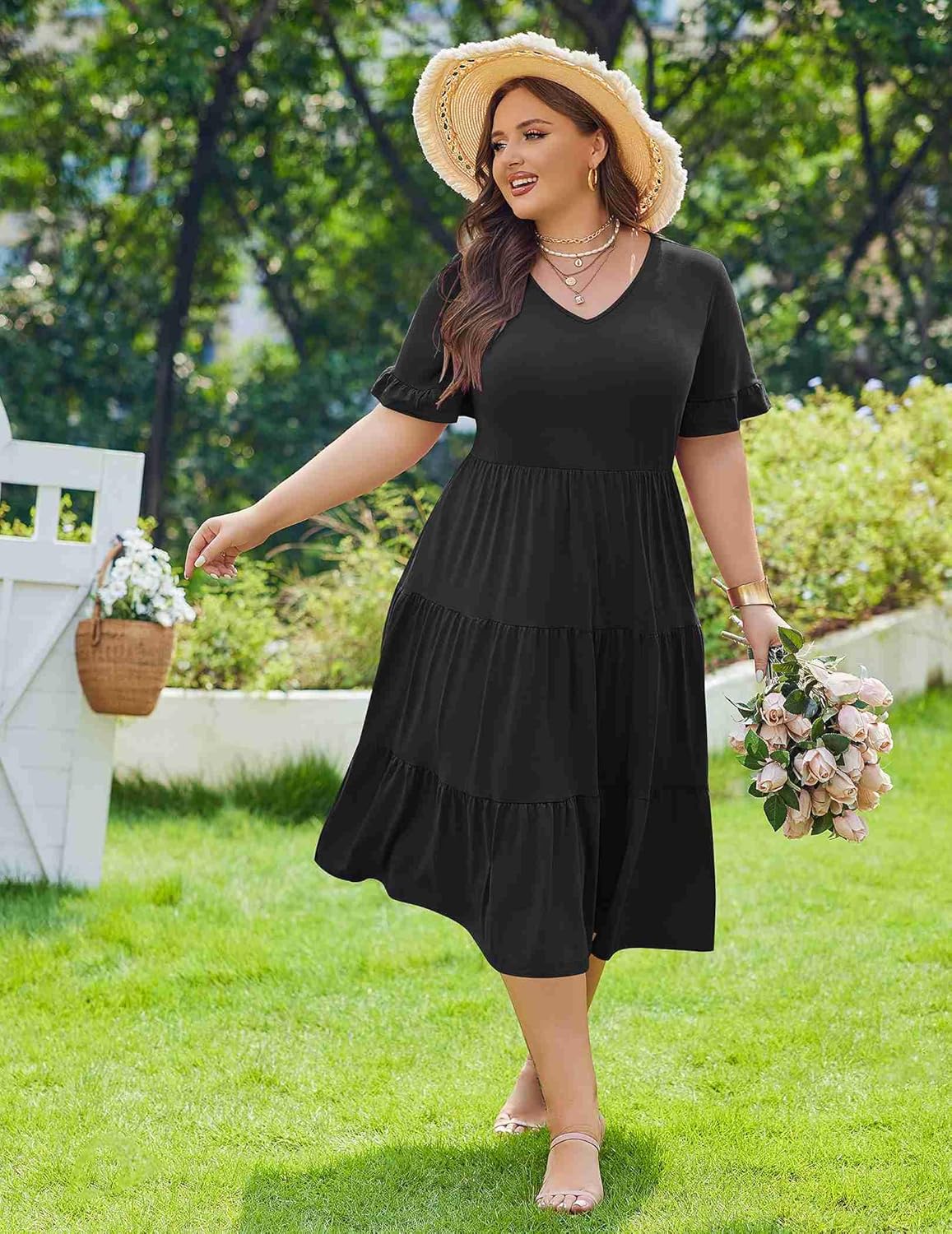 IN'VOLAND Womens Plus Size Short Sleeve Dress Summer Midi Casual Tiered V-Neck Aline Flowy Loose Dresses with Pockets - Image 3