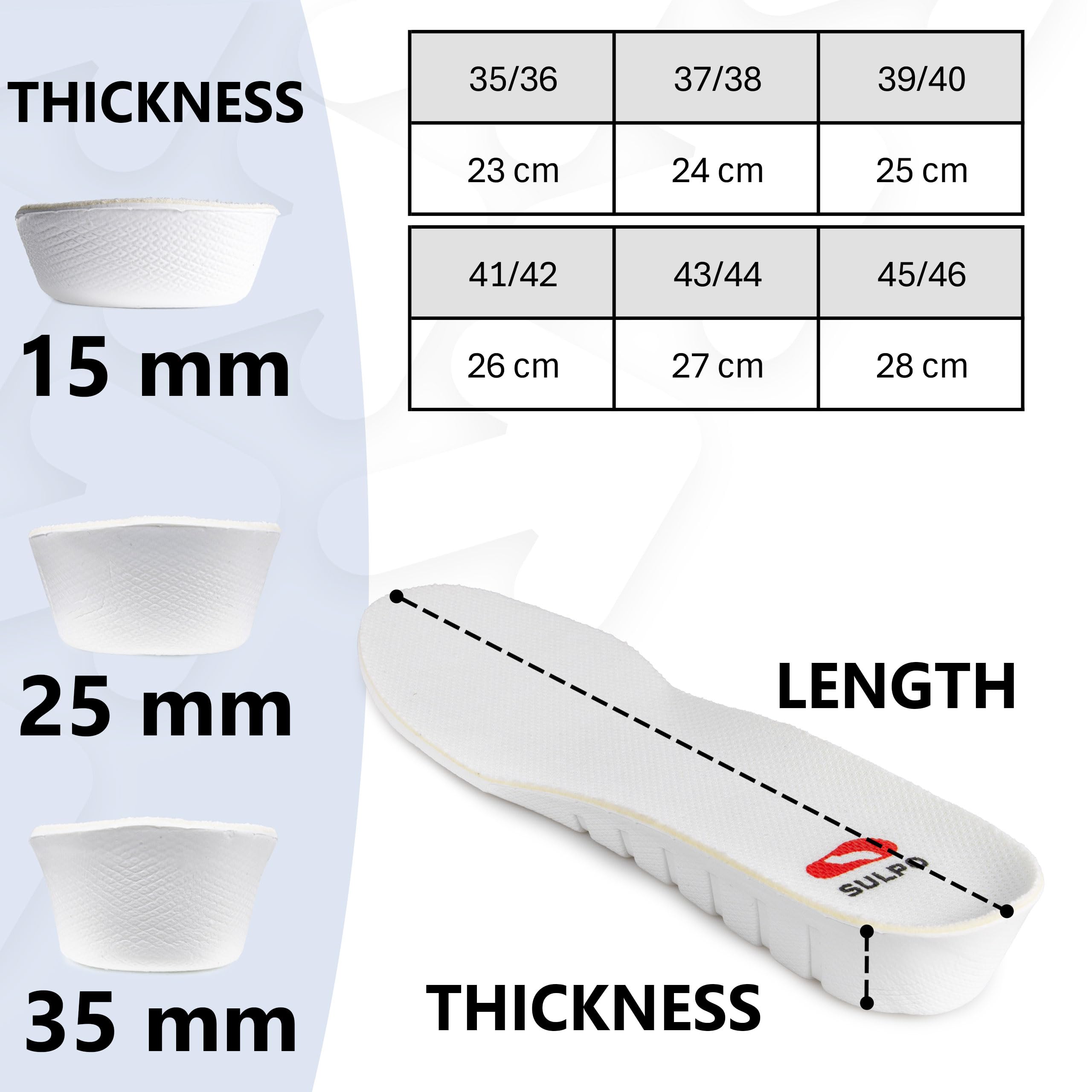 SULPO Podwyższajace wkładki do butów o 1,5 cm / 2,5 cm/ 3,5 cm Wkładki zwiększające wzrost amortyzujące komfortowe Wysokość 2,5 cm Rozmiar 43-44