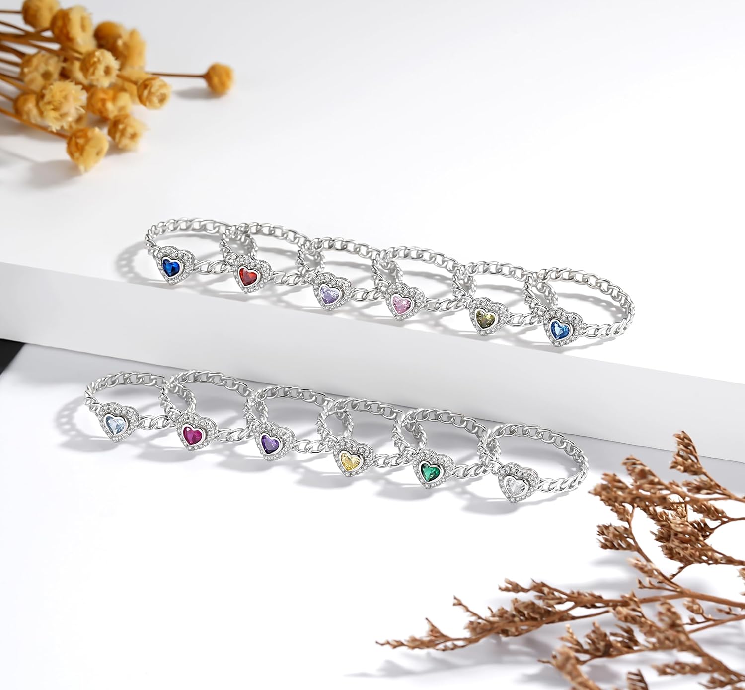 Heart Birthstone Cuban Link Rings for Women Teens - S925 Sterling Silver Chain Ring Size 4-10 for Sister Daughter Friends, Christmas Anniversary Birthday Dainty Gifts Jewelry for Loved One