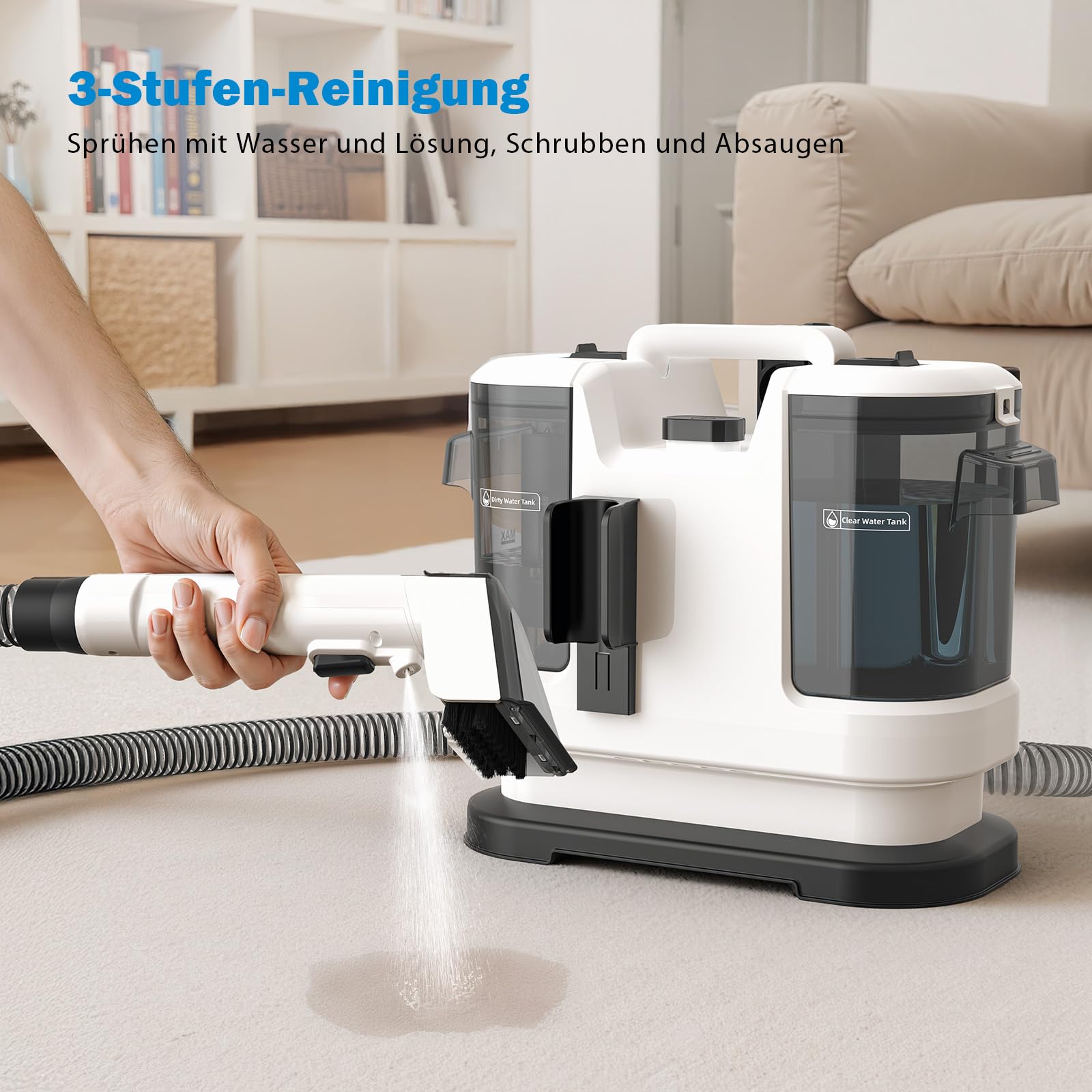 Lubluelu Nasssauger Polsterreiniger Gerät, 550 W - 14 kPa Teppichreiniger Waschsauger, tragbares Teppich-Reinigungsgerät mit Selbstreinigung und langem Schlauch für Teppiche, Sofas & Auto-Innenräume