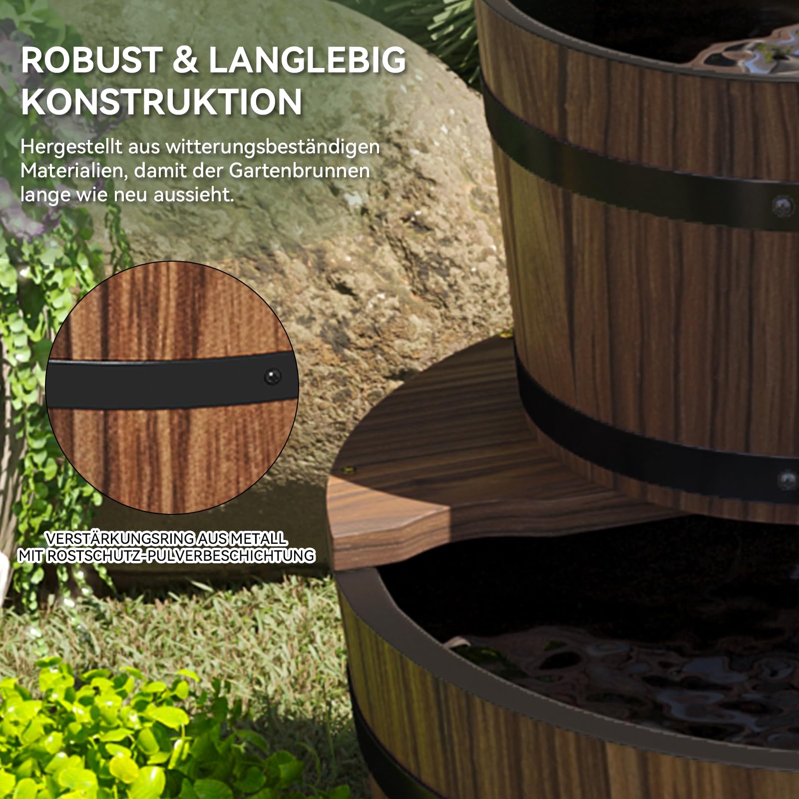 Aoxun Brunnen Holz, Gartenbrunnen mit Pumpe, Holzbrunnen Holzfass Zierbrunnen, für Springbrunnen Gartendeko, Garten Rasen Terrasse Hinterhof, 44,5 x 61 cm, Braun