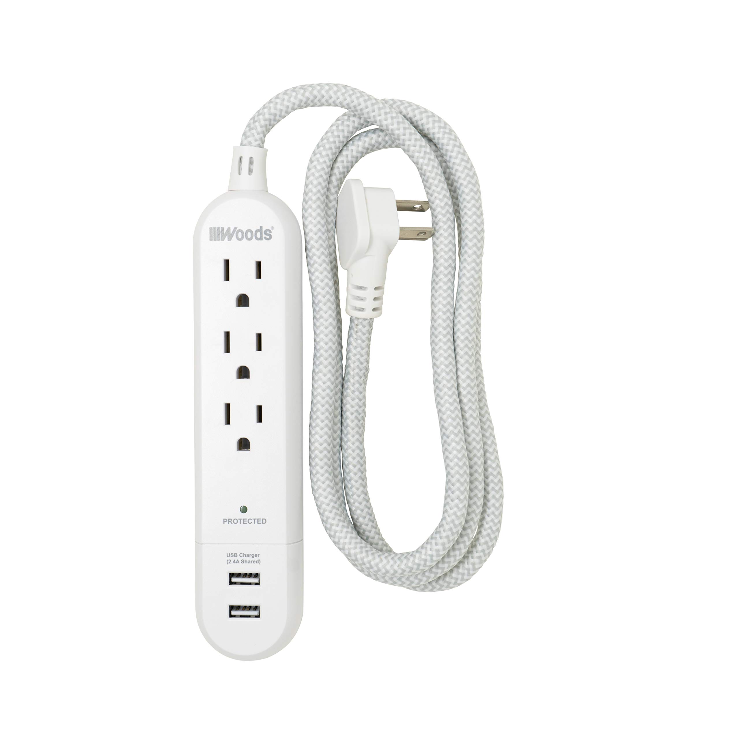 Woods 41025 250 Joules Protection 3-Outlet 250J Surge Protector with 4' Braided Fabric Cord 2.4A USB-A Charger White (2)