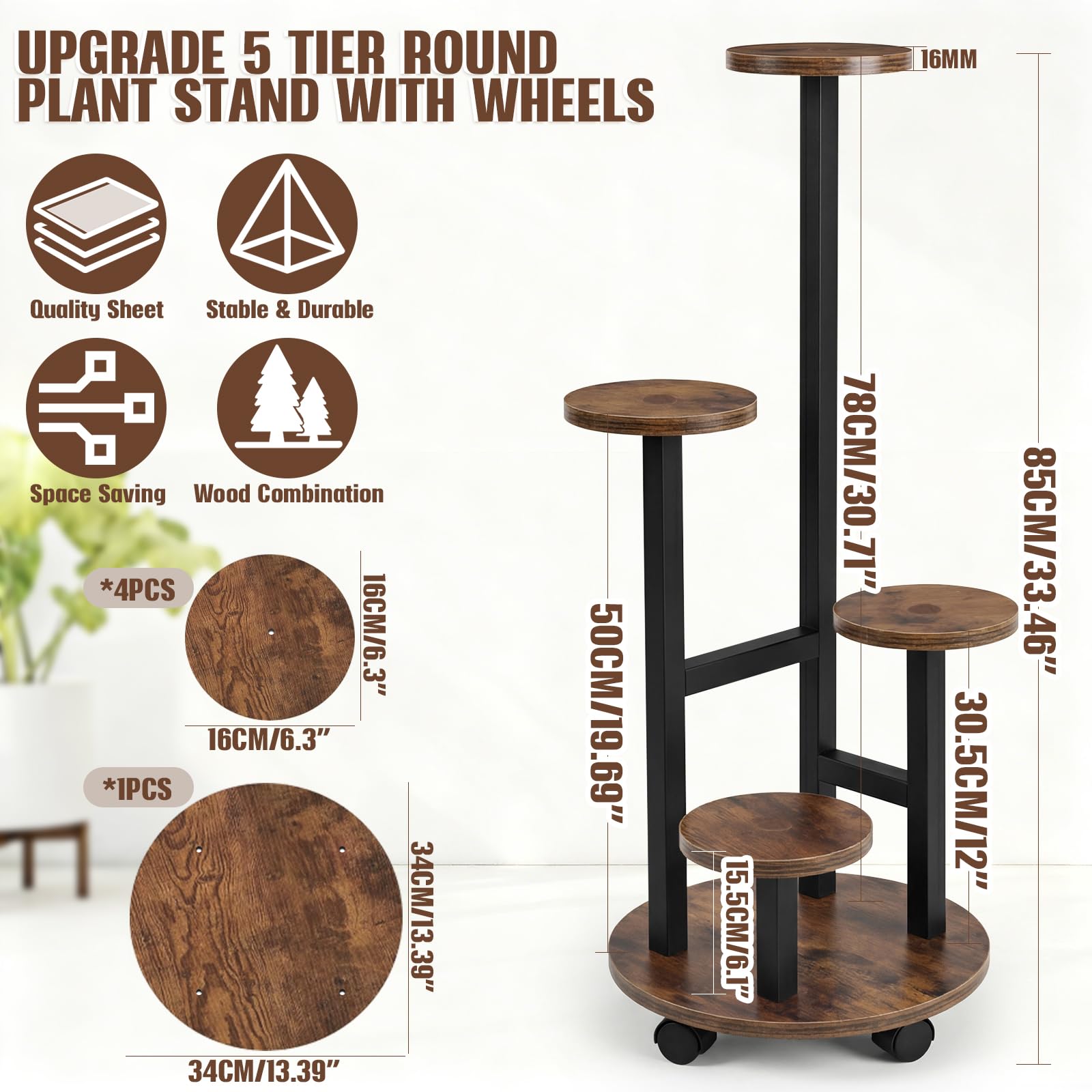 Porte-Plantes Rond sur Roulettes, 5 Étagères, 85 cm de Hauteur, Support en Métal et Bois, Stabilité et Gain de Place pour Salon, Balcon