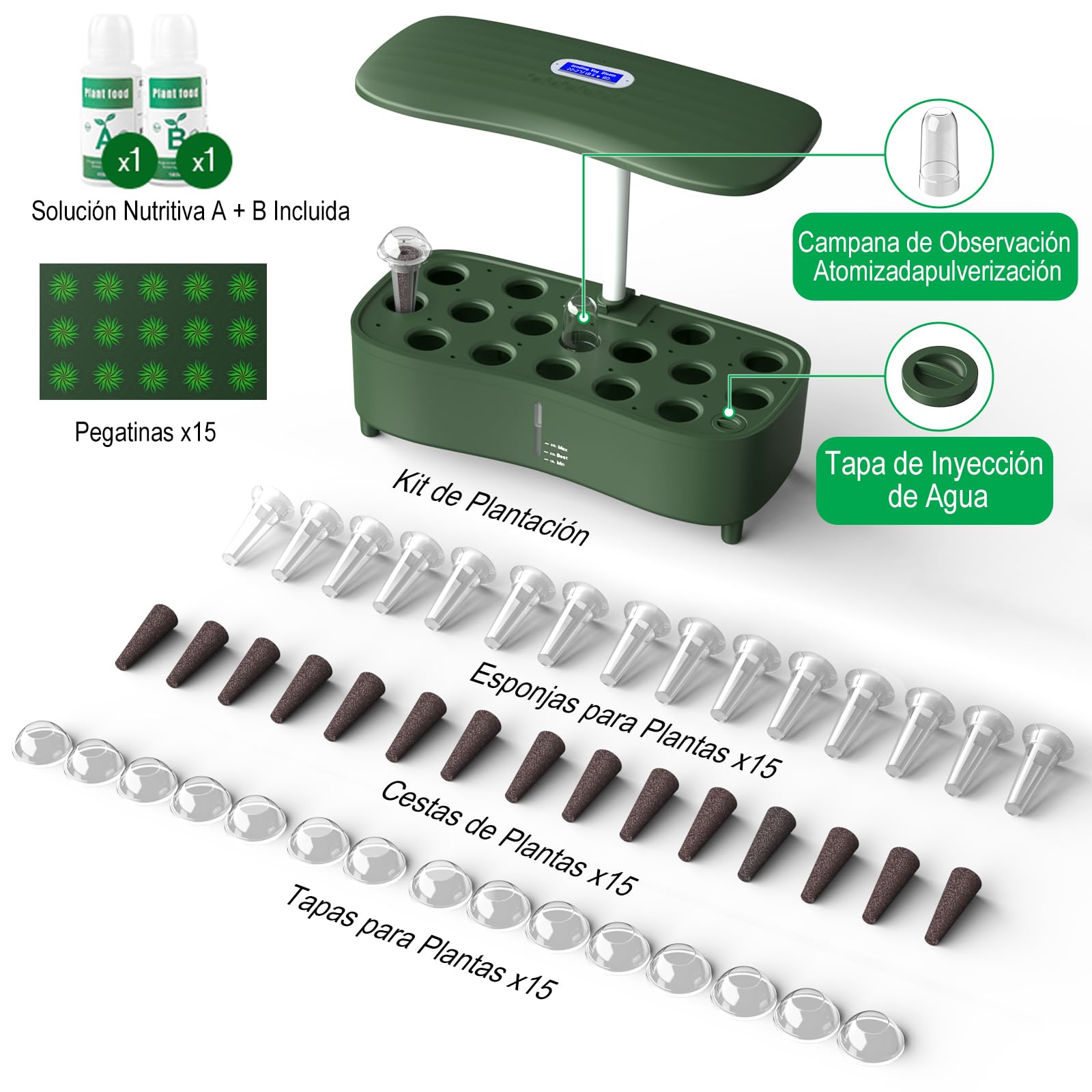 Sistema de Hidroponia, Kit de Cultivo Hidropónico Interior con 15 Vainas, Huerto Interior con Temporizador Automático, con Luce LED de Espectro Completo, Altura Ajustable 20", Tanque de 5L