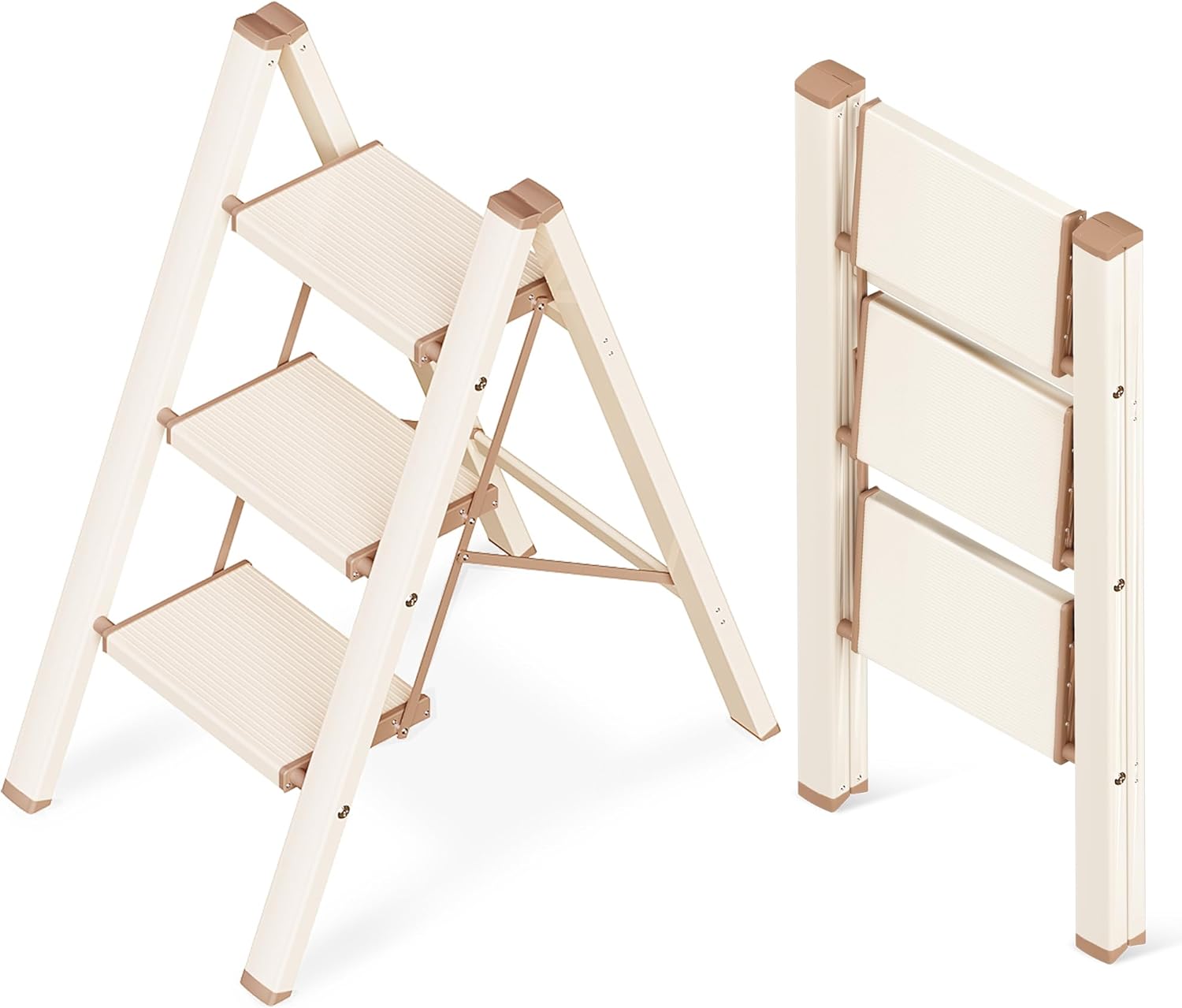 GameGem 3 Step Ladder, Aluminum Folding Step Stool with Anti-Slip Sturdy and Wide Pedal, Lightweight Portable Stepladder for Home and Kitchen Use Space Saving, 330 lbs, Chocolate White Chocolate White 3 STEP