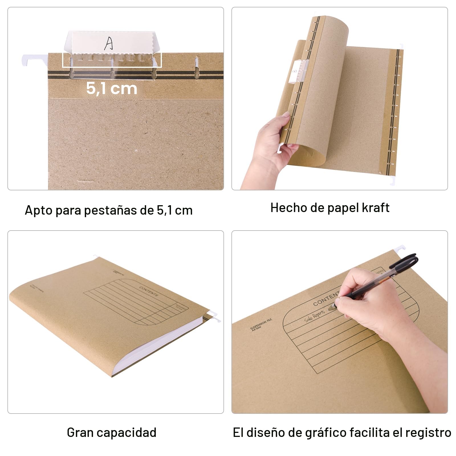 25 piezas Carpeta Colgante DIN A4 de Papel Kraft, con Pestañas de Plástico Transparente y Tarjeta en Blanco para Oficina, Escuela, Hogar (Marrón)