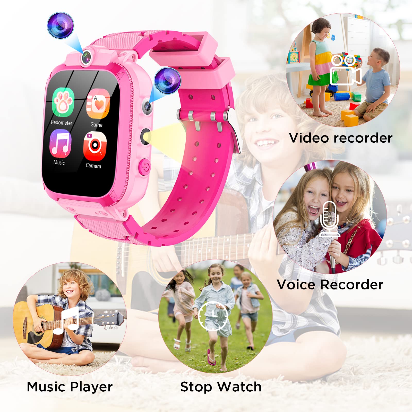 Smartwatch Bambini, 24 Giochi, Contapassi Calorico, Lettore Musicale, Orologio Smartwatch Bambini con 2 Fotocameras,Torcia Sveglia, 2-13 anni Bambino Festiva Regalo[Scheda SD integrata]