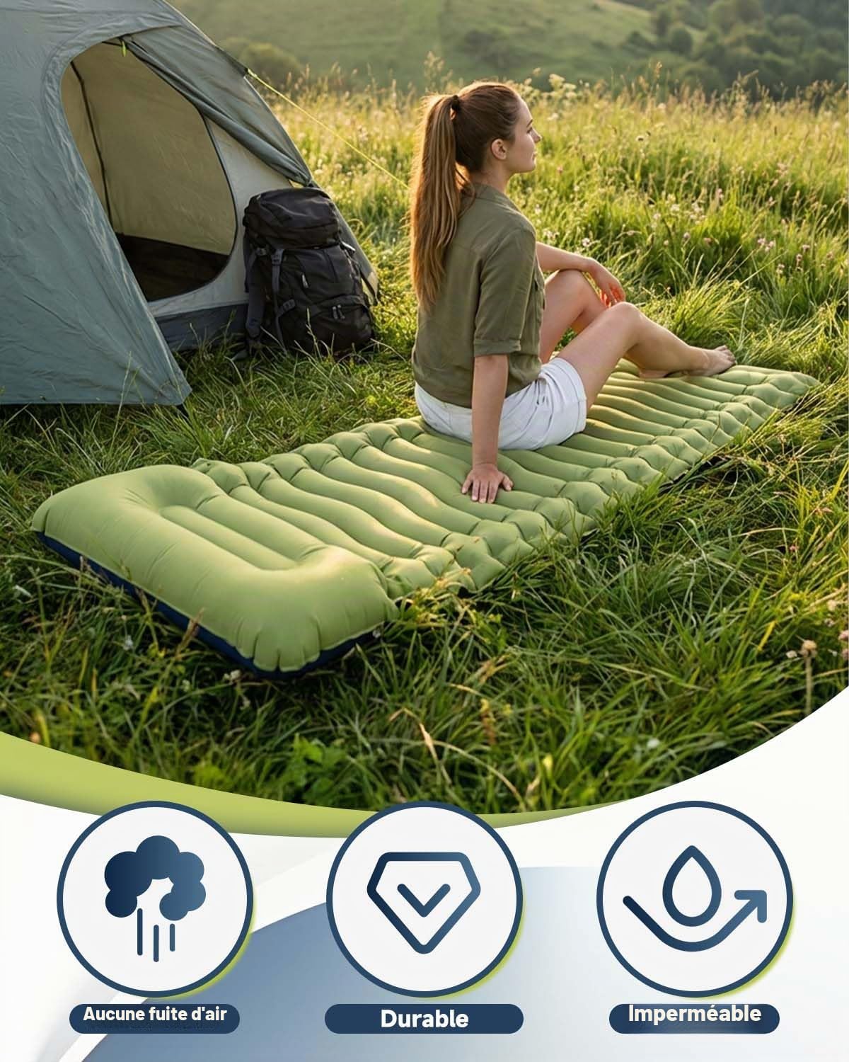Matelas Gonflable 1 Place, Matelas Camping Autogonflant avec Oreiller Intégré et Pompe à Pied Incorporée, Matelas de Plage Portable pour Camping, Randonnée, Trekking et Tente, 190 × 70 × 15 cm