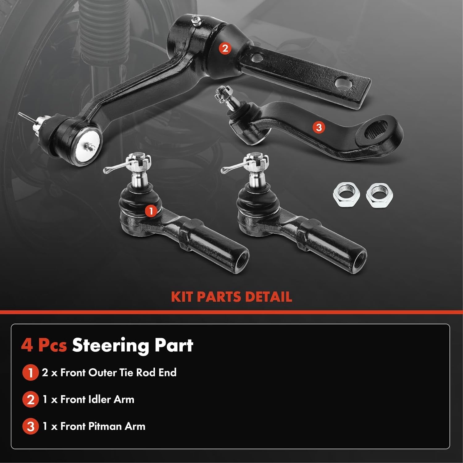 A-Premium Set of 4, Front Outer Tie Rod End, Pitman Arm, Idler Arm, Compatible with Dodge Durango 1998-1999, Dakota 1997-1999, 4WD Only