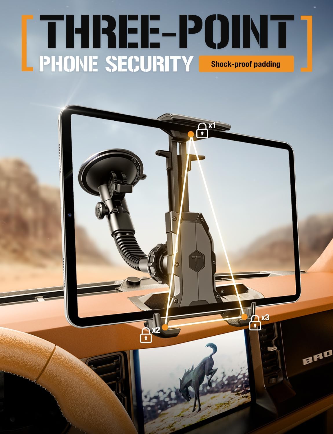 ToughTested Phone Holder GPS Mount, Heavy Duty Suction Cup Tablet Holder for Windshield, Fits Max Smartphone & Tablet(Up to 12.1"), Off-Road Ready, Vibration-Free, Ideal for Truck Driver & Adventurer