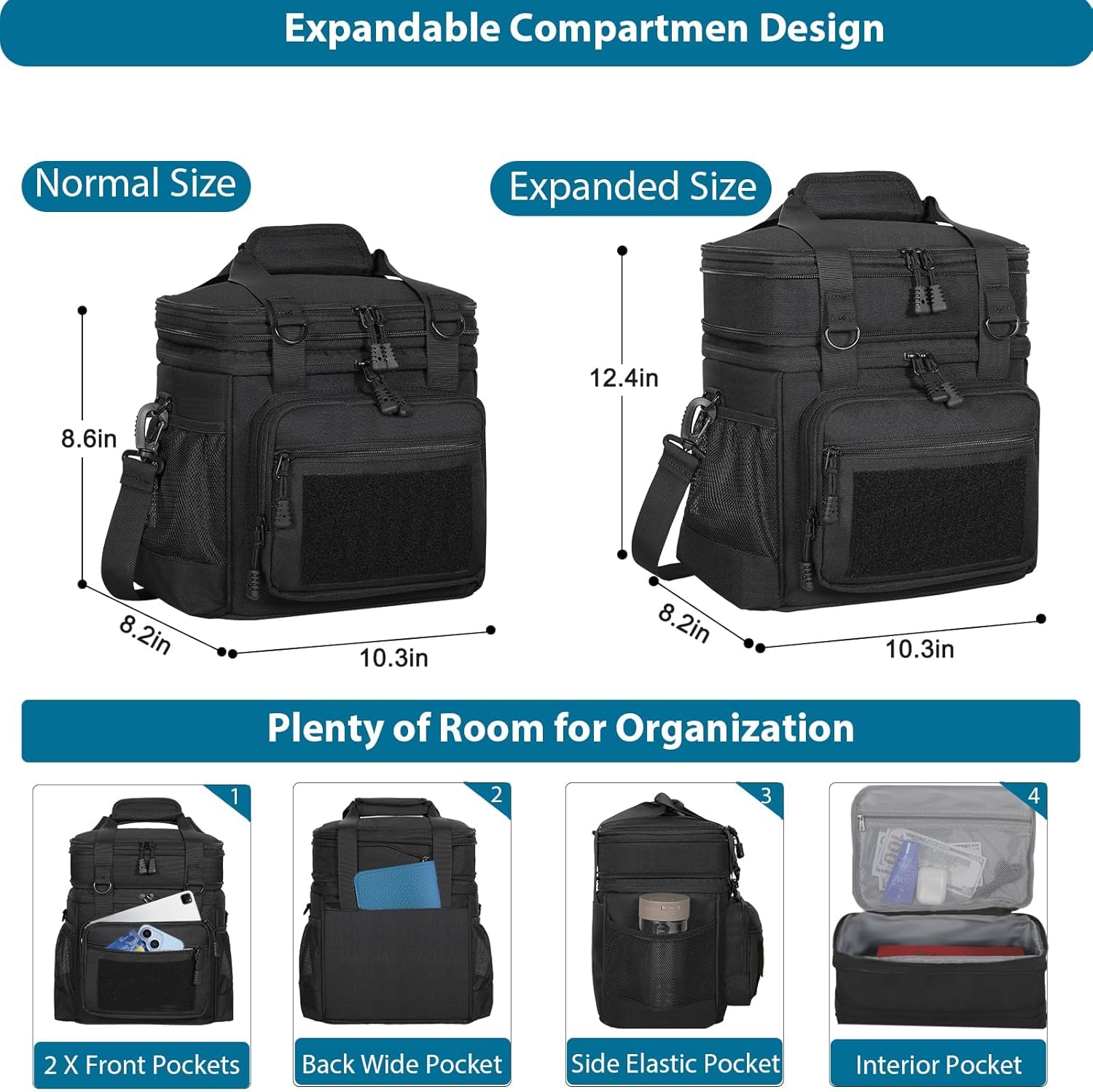 Lonchera aislada de doble cubierta, bolsa de almuerzo grande expandible a prueba de fugas, bolsa de almuerzo para hombres, mujeres y adultos, turnos de trabajo, viajes, viaje de día, color negro 3