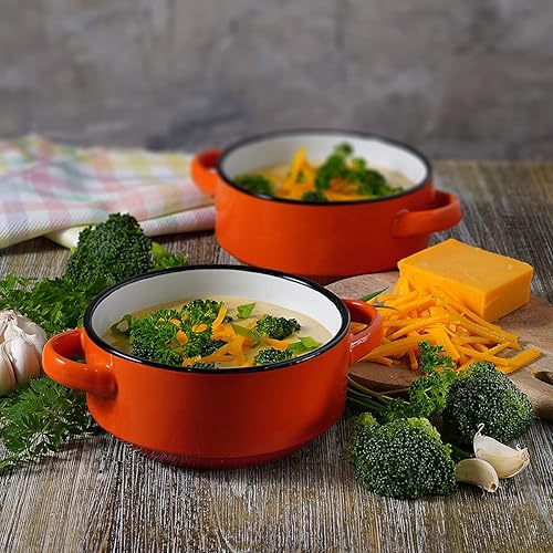 Miniatura 5 de ECODECO Tazones de cerámica para sopa de naranja con asas, 16 onzas, juego de 2 unidades, para tartas de sopa de galletas y tartas