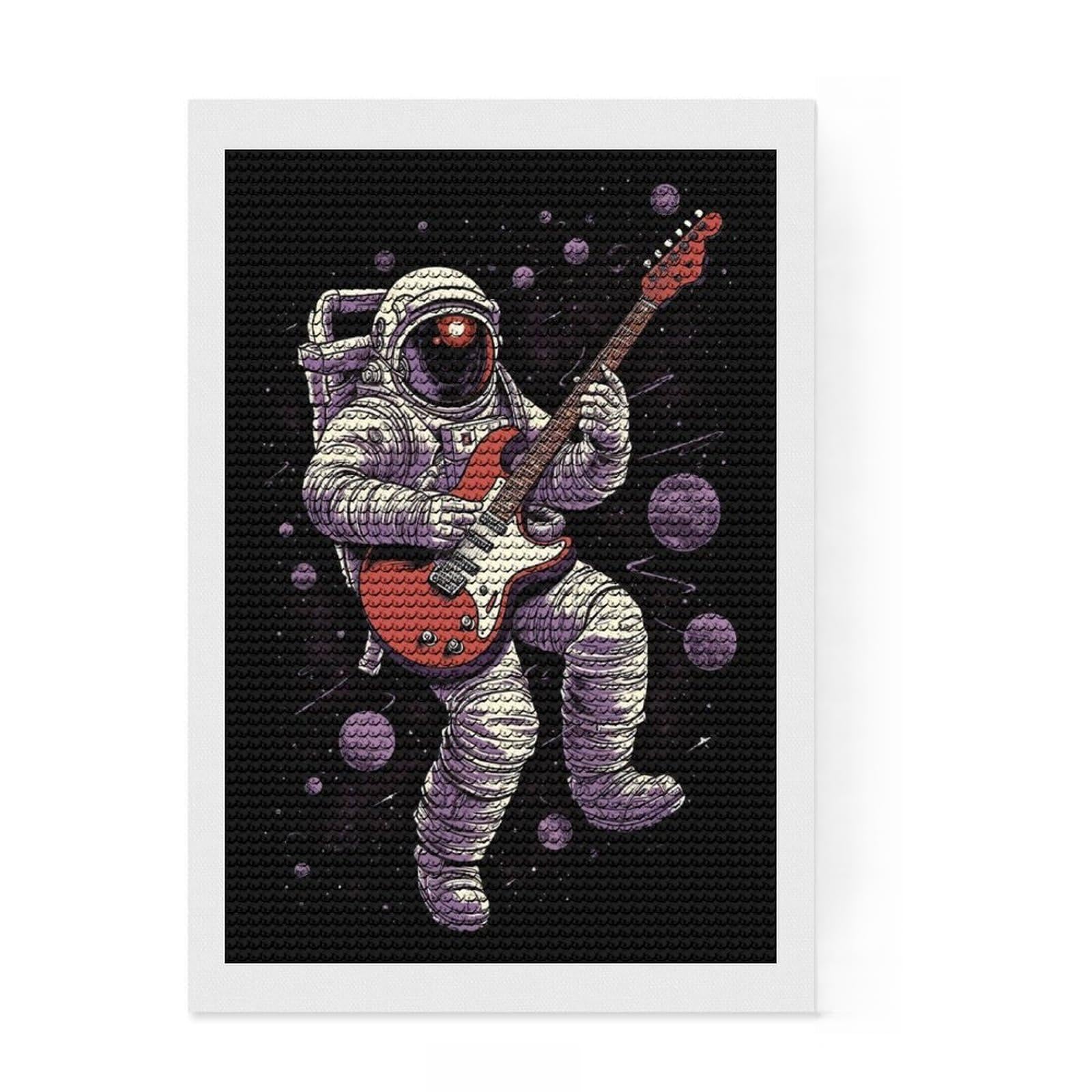 Junmoney Astronaut Playing Guitar Round Drill Diamond Painting 8"x12", Neat Printed Canvas, Satisfying Creative Project, Fun Craft Experience