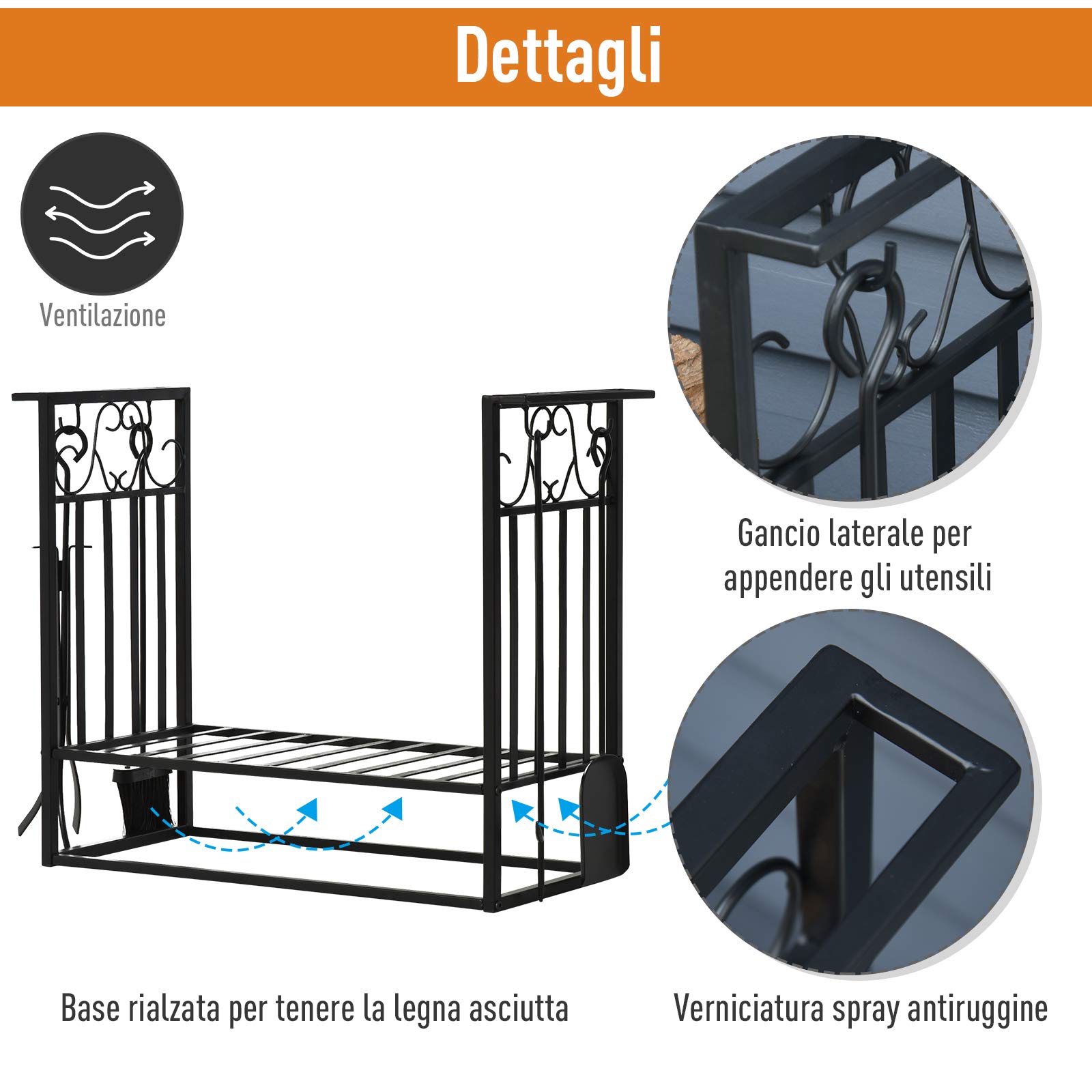 HOMCOM Portalegna Rialzato per Camino in Acciaio Antiruggine, Porta Legna da Interni ed Esterni, 4 Attrezzi Inclusi, 75x30x60cm