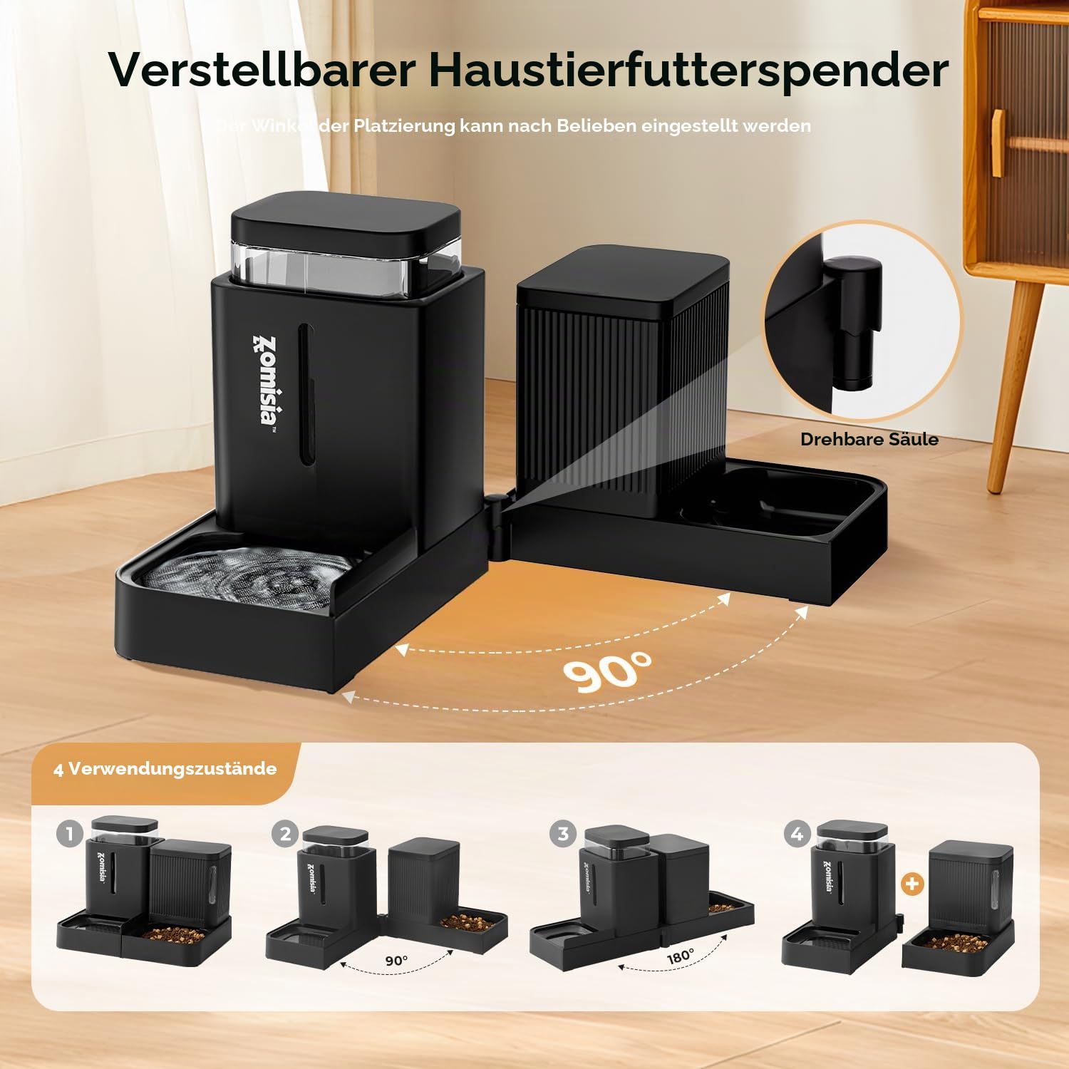 ZOMISIA Automatischer Futterspender für Katzen/Hunde 3L, 2-in-1 Schwerkraft Futterautomat Katze und Wasserspender Trockenfutter mit 180 Grad Drehbar, Schwarz