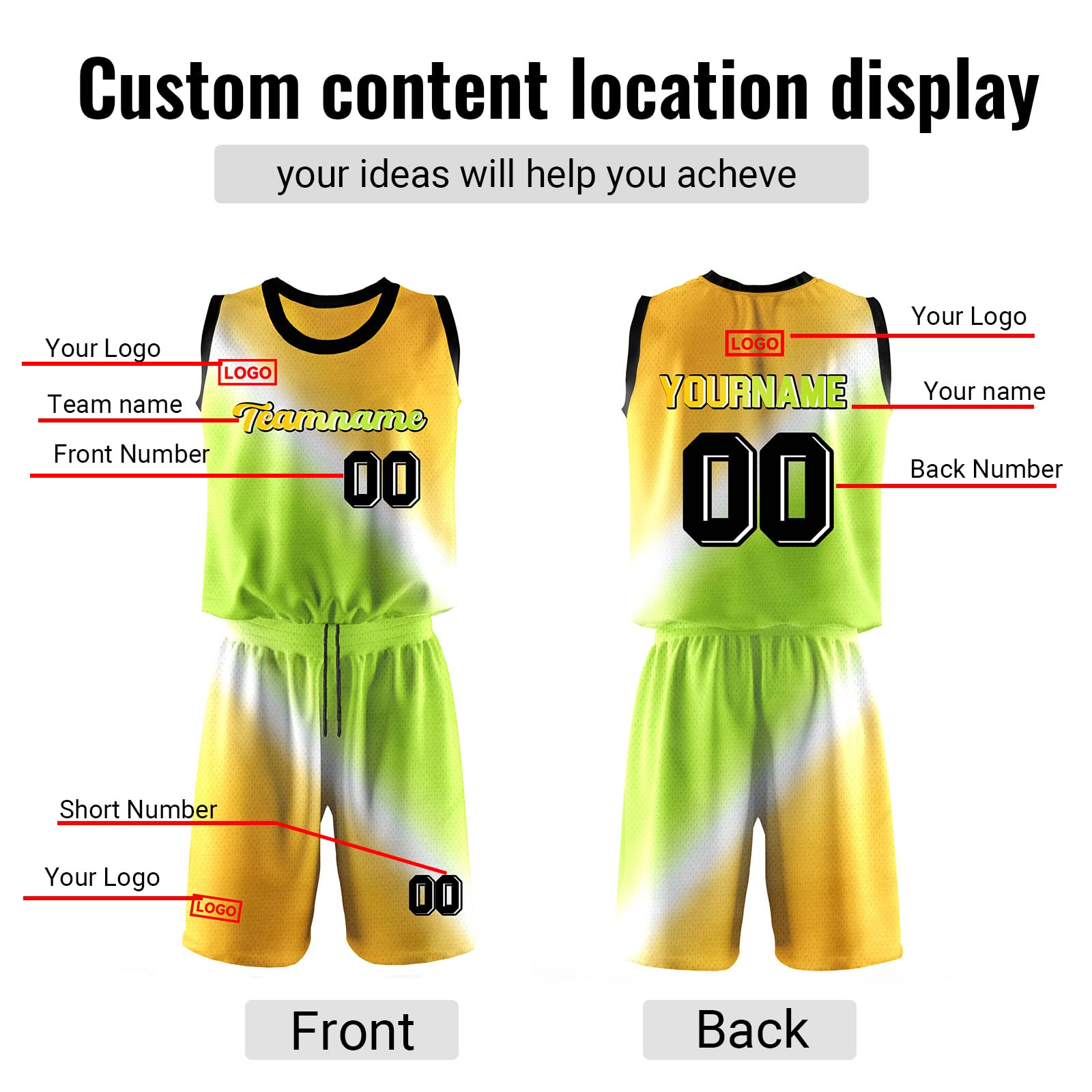 Custom Basketball Jersey Youth Basketball Uniform, Hip Hop 90s Jersey Gradient Green Yellow Team Jerseys for Boy Kids