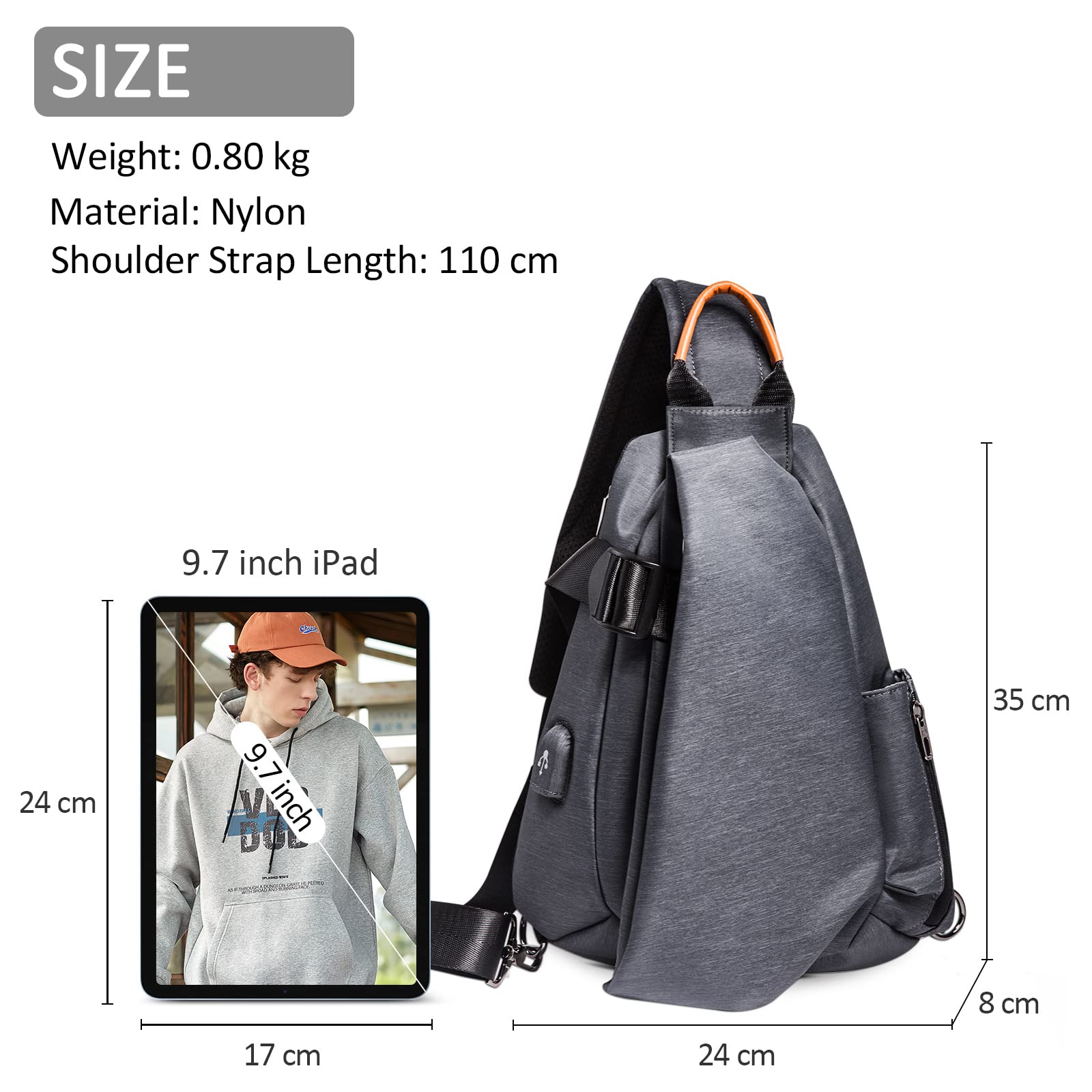 Sac de Poitrine Homme Mode USB Sling Sac Voyage Bandoulière Portable Camping