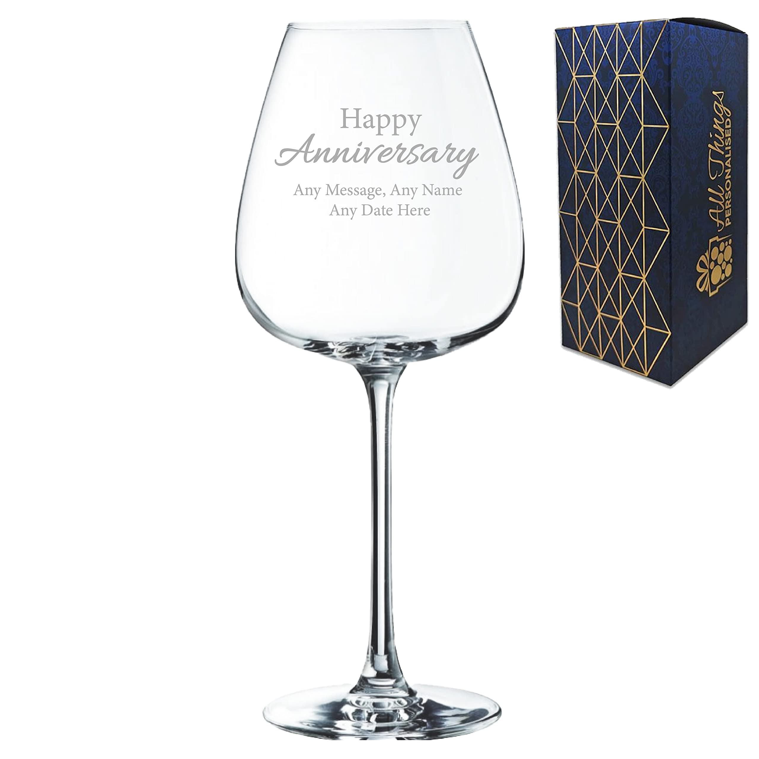 Personalised Engraved Happy Anniversary Wine Glass, Any Message, Any Date, 12oz/354ml Cepages Wine Glass, Handwritten Design, Laser Engraved in The UK