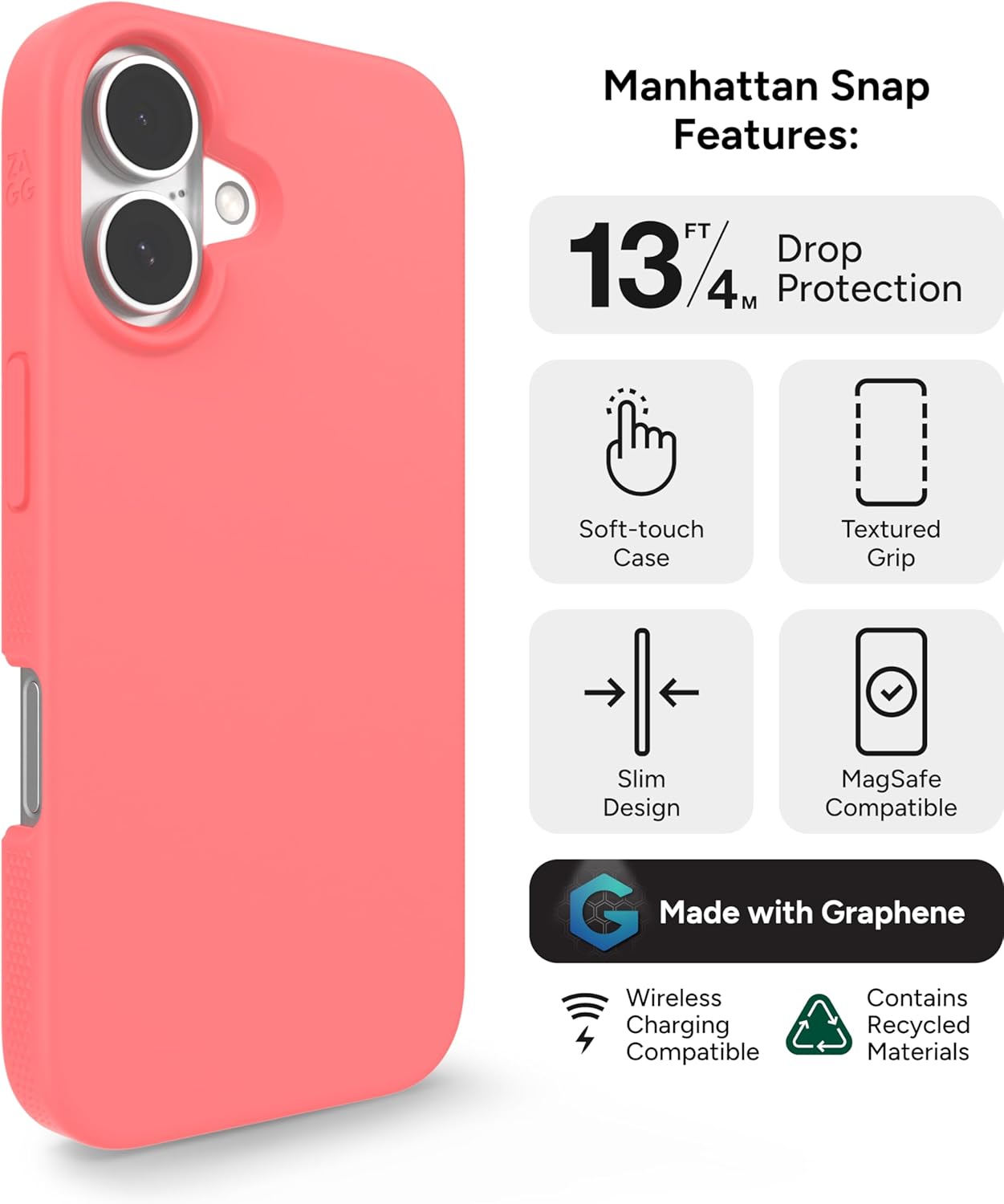 ZAGG Manhattan Snap Case for iPhone 16 - MagSafe Compatible, 13ft Drop Protection, Strengthened with Graphene, Soft Silicone, Slim & Lightweight Design, 96% Recycled Content, Begonia Pink