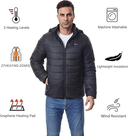Verwarmingsjas Outdoor Monave Verwarmd Donsjack - Jas Met 9 Verwarmingspads & 3 Temperatuurstappen | Voor Skiën, Motorrijden En Outdoor Elektrisch Verwarmde Kleding