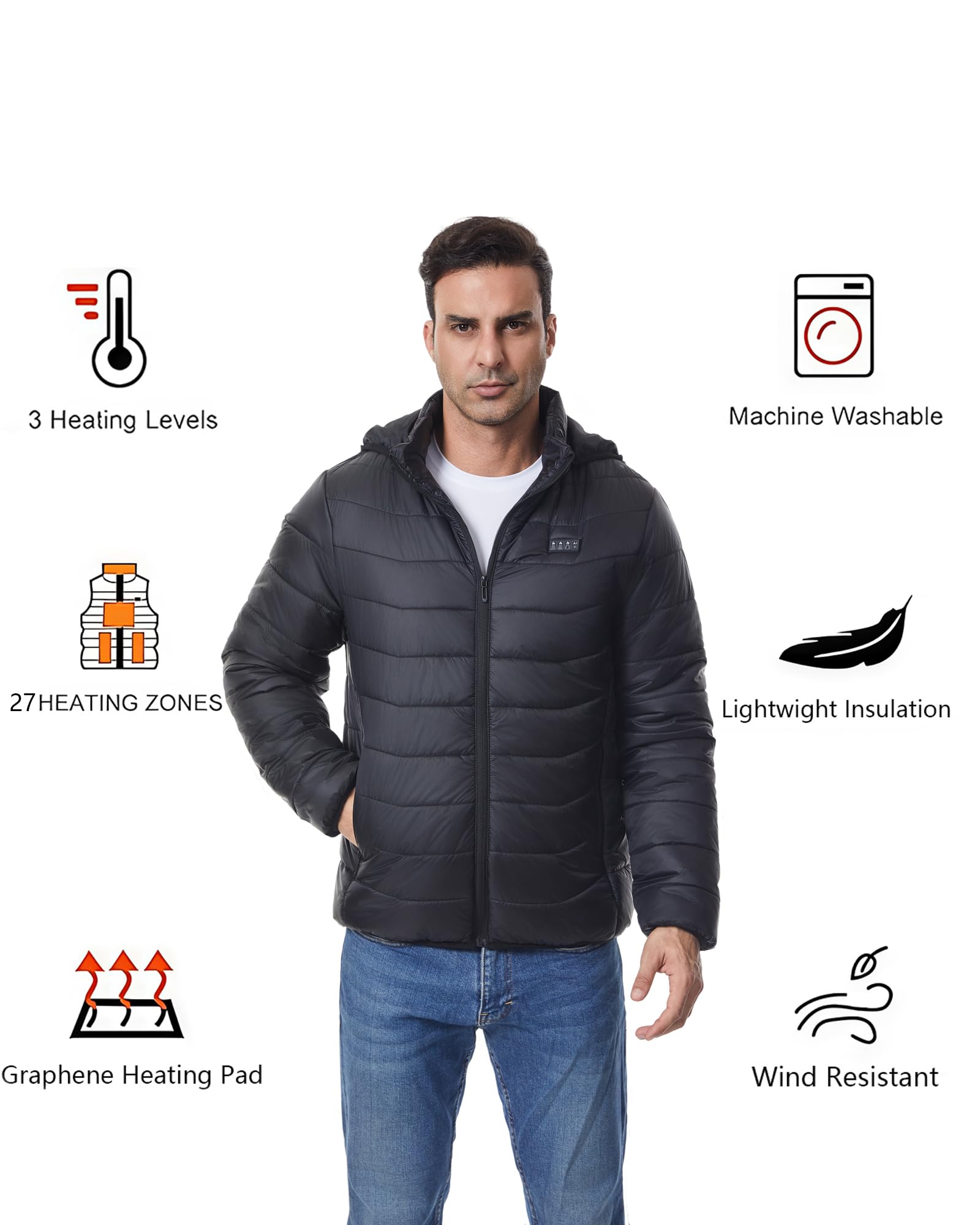 Monave Veste Chauffante Homme Femme Doudoune Chauffante avec 27 Coussins Chauffants en Fibre de Carbone, 3 Niveaux de Température pour Pêche Ski Activités de Plein Air(Pas de batterie incluse)