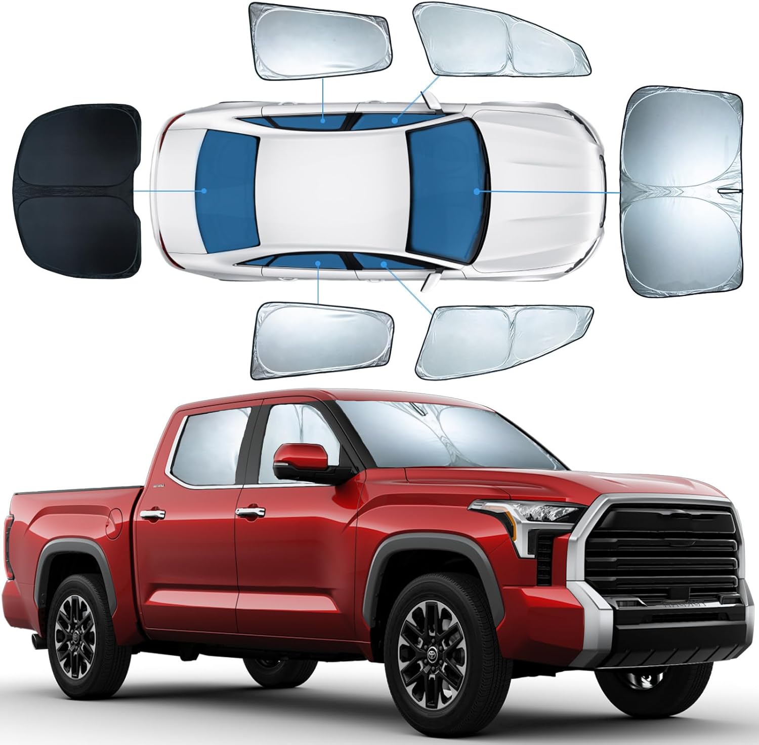 6 PCS Sun Shades for Toyota Tundra Windshield Sunshade, 2-Layer Full Window Shades for Tundra 2022-2025 2026 Front Rear Side Window Covers Sun Visor Blocker Privacy Car Accessories Keep Car Cool