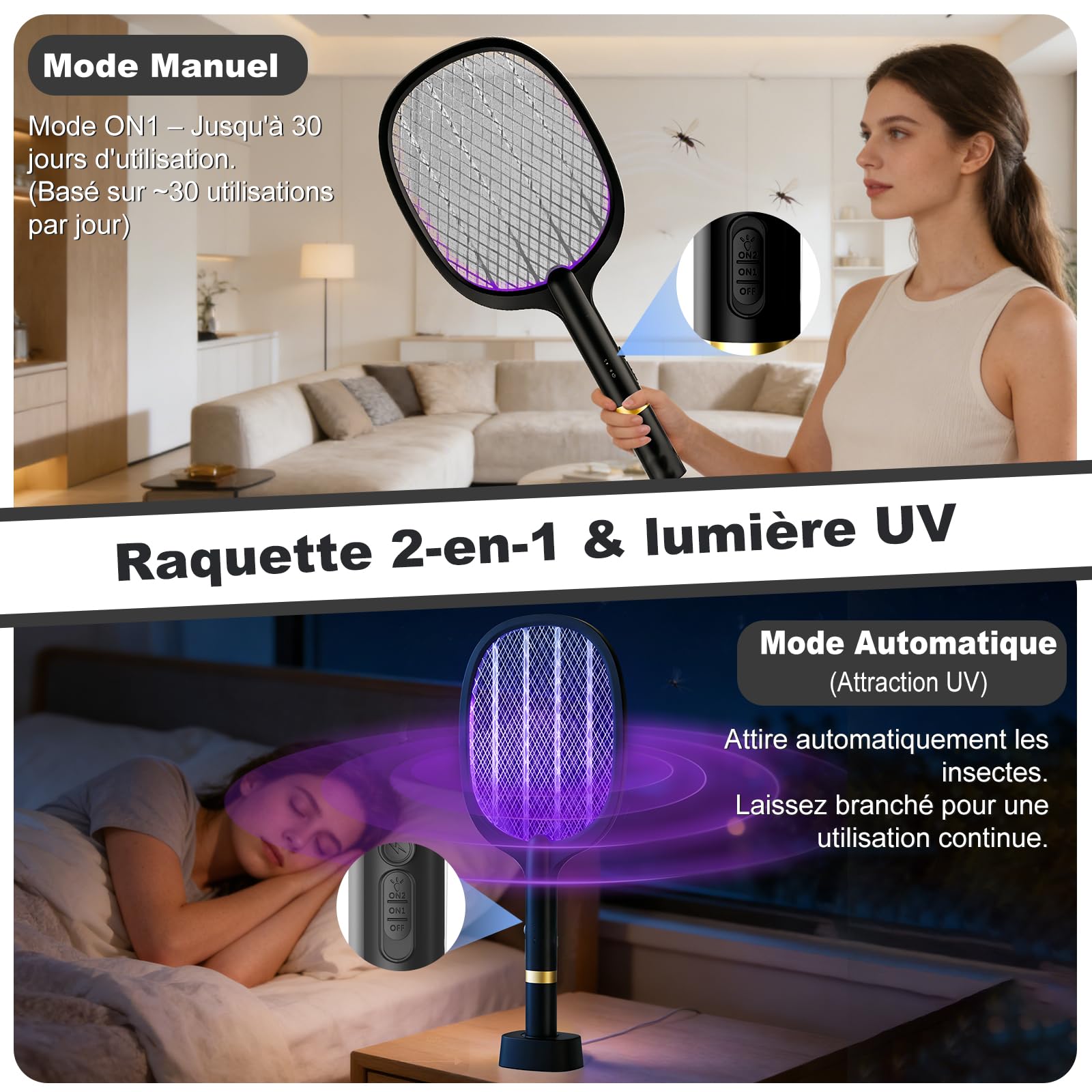 Raquette Moustique Electrique 5000V, Raquette Anti Moustique Rechargeable USB-C avec Base, Batterie 2000mAh, Tapette à Mouche Électrique 2 en 1 avec Lampe UV, Idéale pour Intérieur, （Noir, Lot de 2）